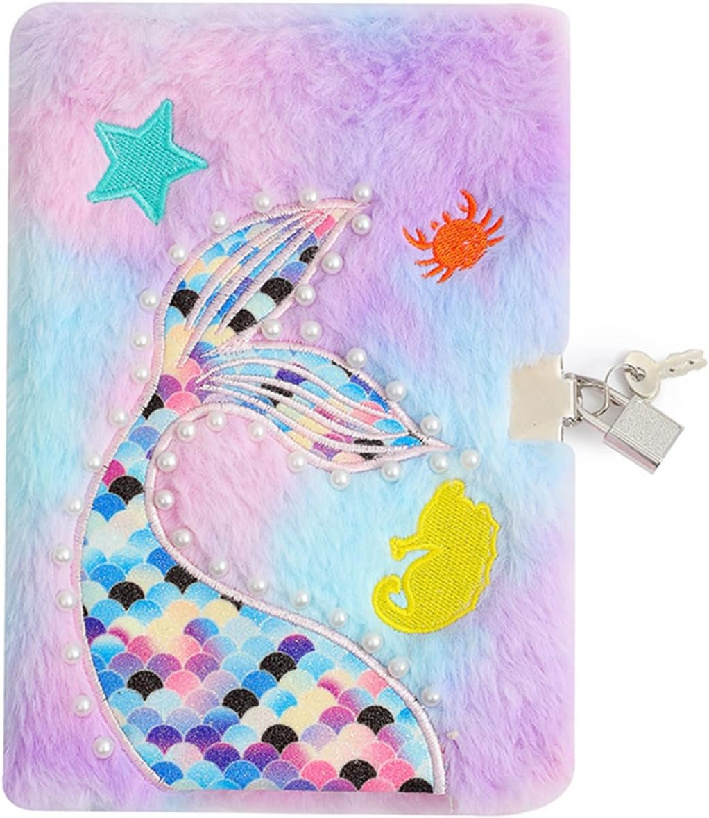 Ralcosuss Cute Plush Mermaid Tail Diary with Lock and Keys, Kids Faux Fur Journal Hardcover Notebook for Writing and Drawing