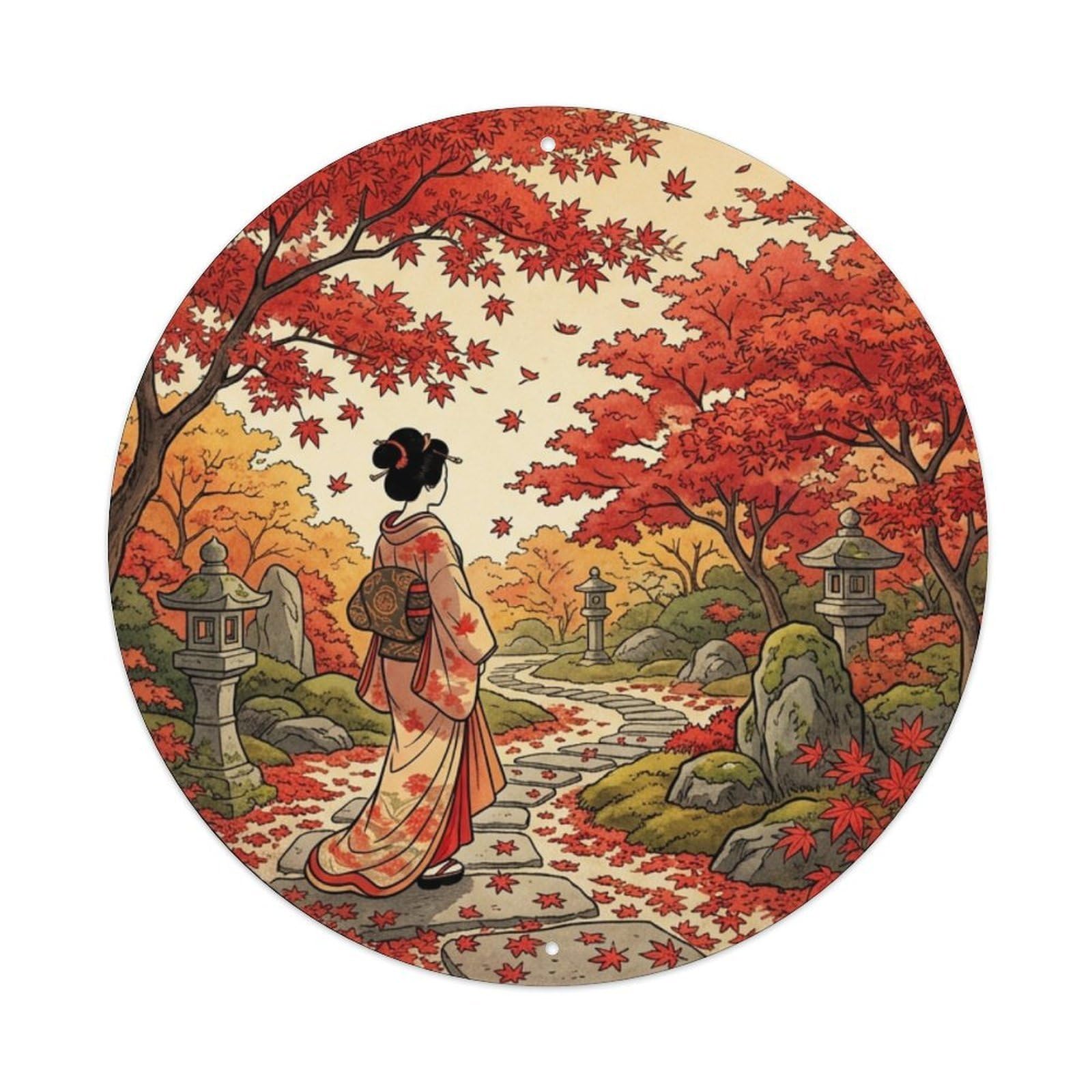Galvaxio Style Japanese Kimono Woman Garden Maple Leaves Autumn Scene Metal Tin Sign
