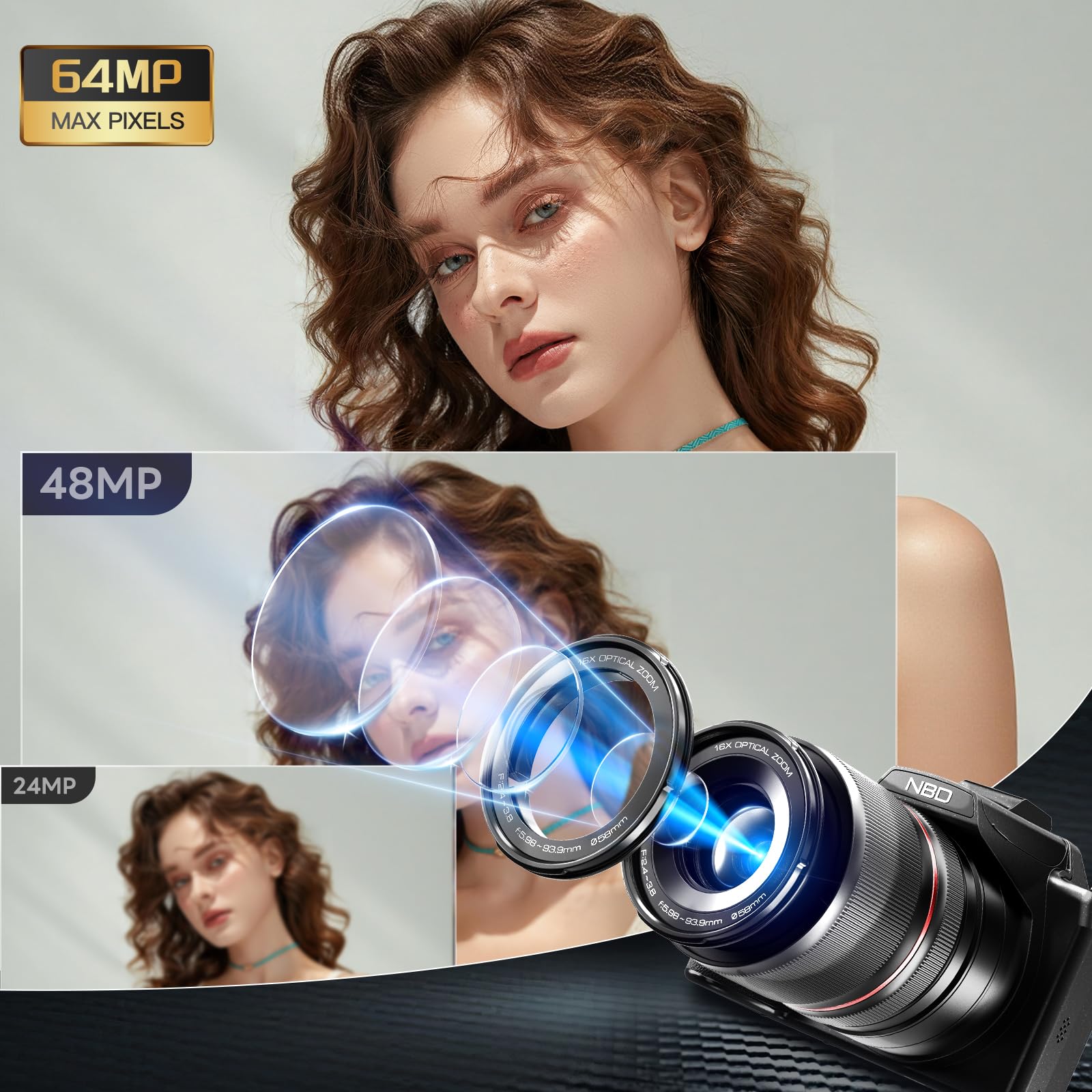 NBD Appareil Photo 8K 64MP, Autofocus, Zoom Optique 16X, Noir | Écran 180°, WiFi, Micro, Trépied, 2 Batteries, Carte 32Go, Micro-HDMI, Modes PASM, Vlog, Voyage, Débutants