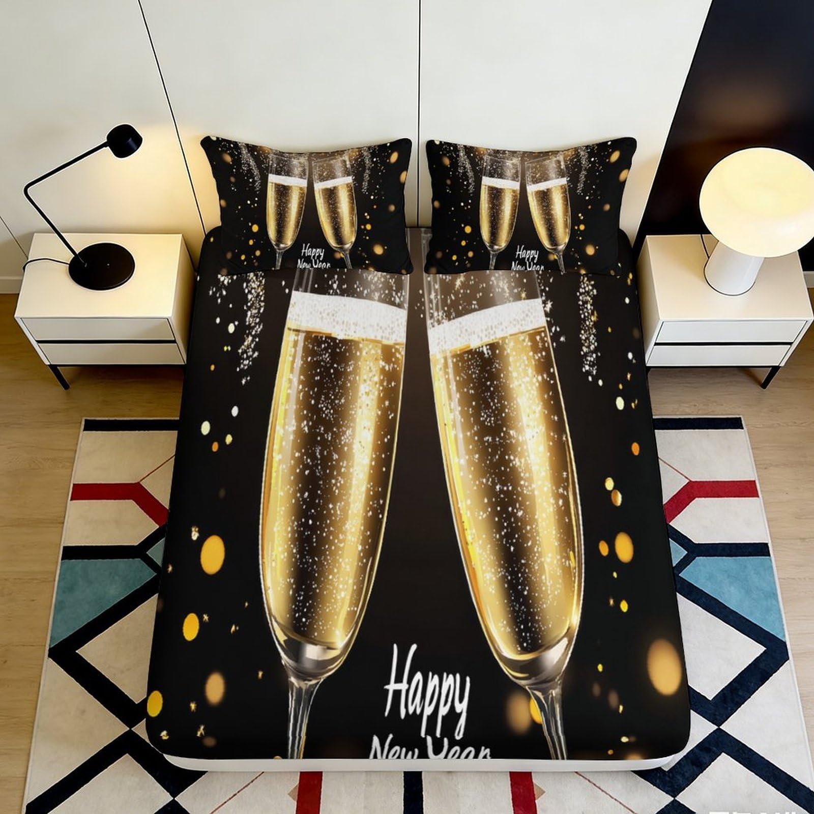 3D Printed Champagne Celebration Fitted Sheet Microfiber Deep Pocket Non-Slip Champagne Mattress Fitted Cover for Bedroom 90x200x25cm