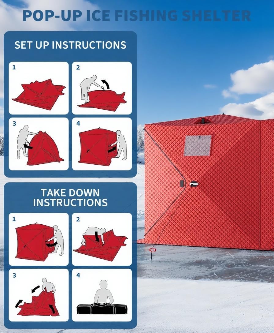 Pop-Up Ice Fishing Tent, 6-8 Person Portable Hub-Style Insulated Ice Fishing Shelter with Carrying Bag, Zippered Door, Wind Rope & Anchors, for Winter Ice Fishing