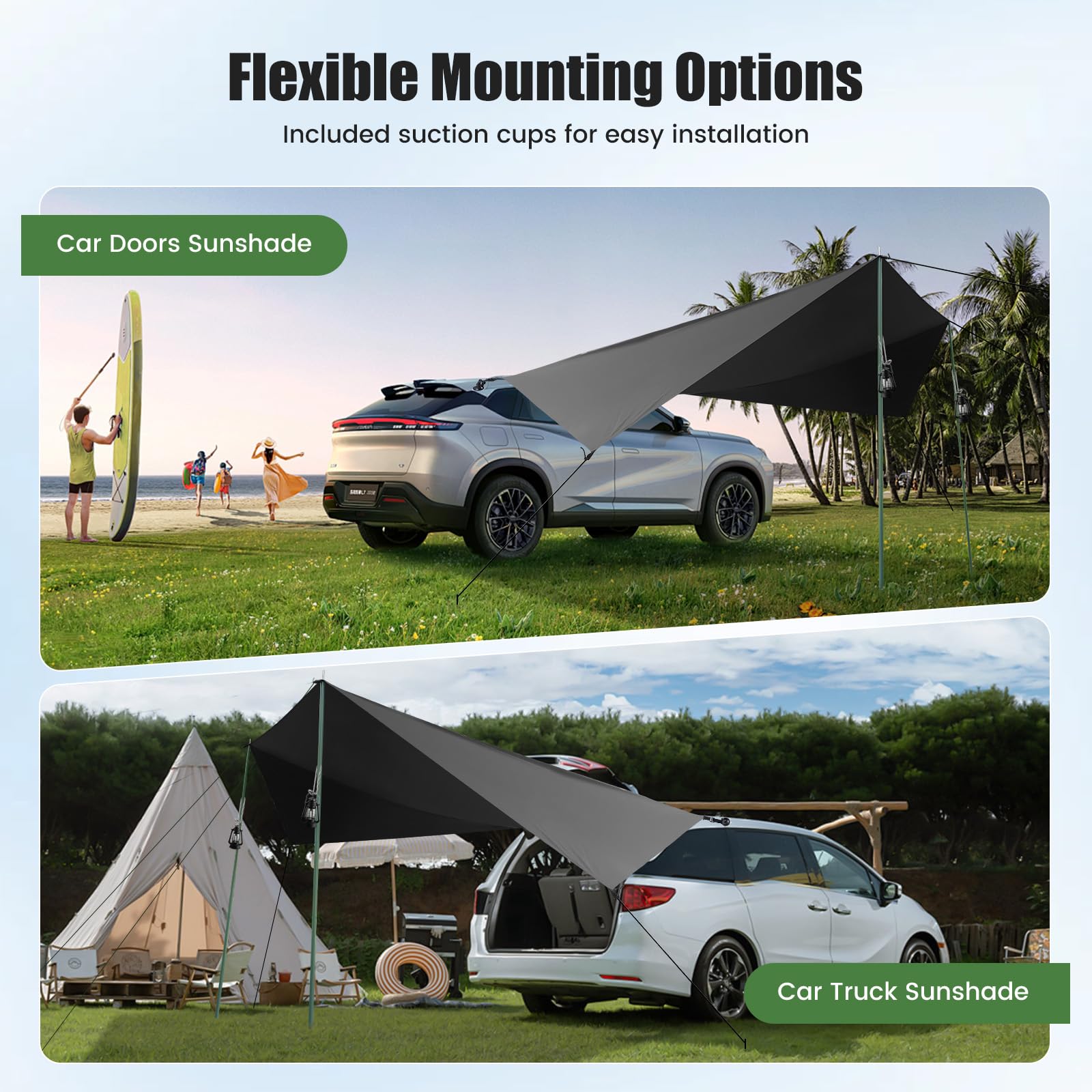 Auto tenda da sole campeggio Tenda universale di grande tenda da sole SUV Sun Shelter con ventose Baldacchino per automobili in tessuto Oxford impermeabile per il campeggio