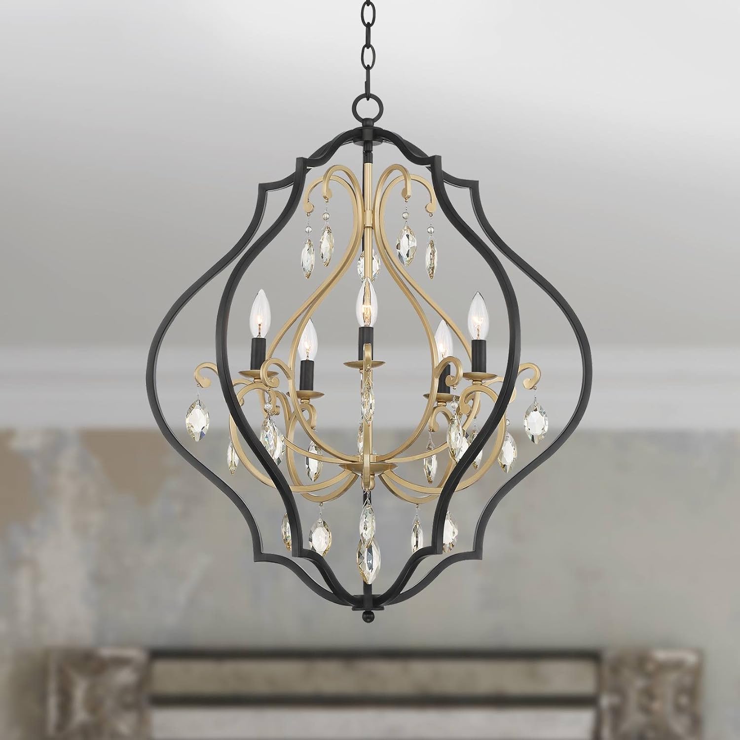 Possini Euro Design Clara Black Soft Gold Iron Pendant Chandelier 26 1/2" Wide French Amber Crystal 5-Light Fixture for Dining Room House Home Foyer Entryway Kitchen Bedroom Living High Ceiling