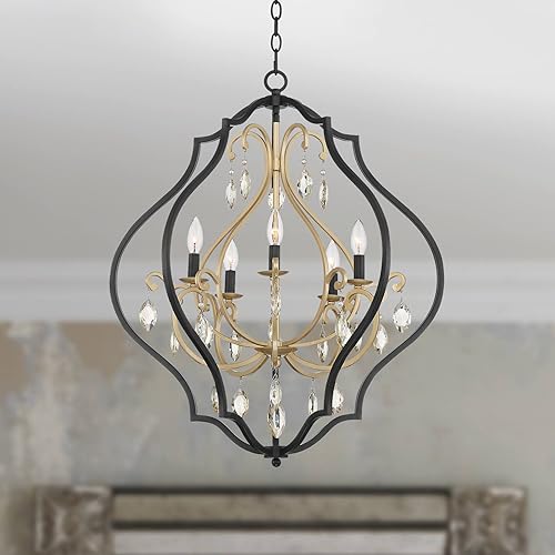 Clara - Candelabro colgante de hierro dorado suave negro de 26 12 pulgadas de ancho, cristal ámbar francés, 5 lámparas para comedor, casa,