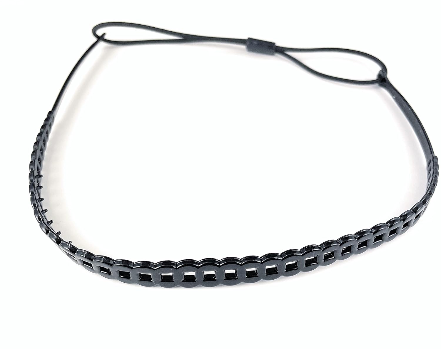 Black chain link pattern jelly skinny narrow headband soft stretch hair grip teeth 3 8 inch wide circle