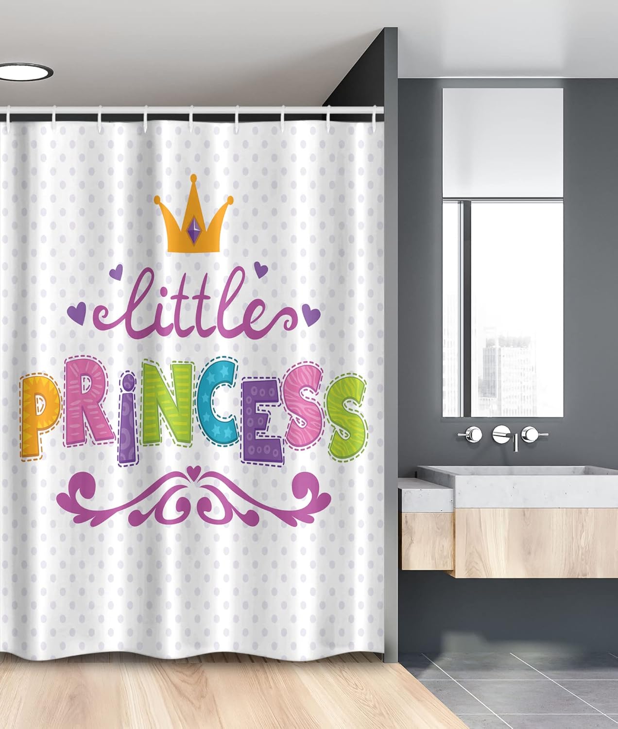 Ambesonne Feminine Stall Shower Curtain, Little Cartoon Lettering on Polka Dot Background Cheerful Illustration, Fabric Bathroom Decor Set with Hooks, 54" W x 78" L, Fuchsia Green