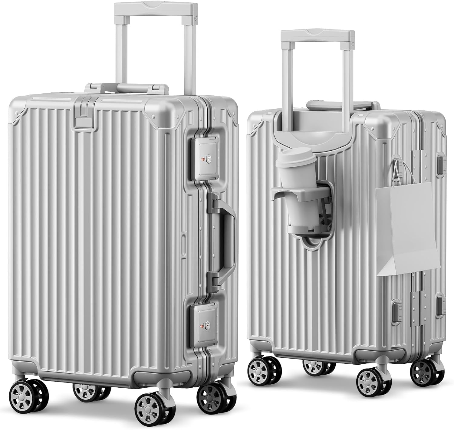 Carry on Luggage Aluminium Frame with Cup Holder, 20 Inch Zipperless Luggage with Spinner Wheels,Carry On Luggage 22x14x9 Airline Approved for Business Travel (silver, 20inch)