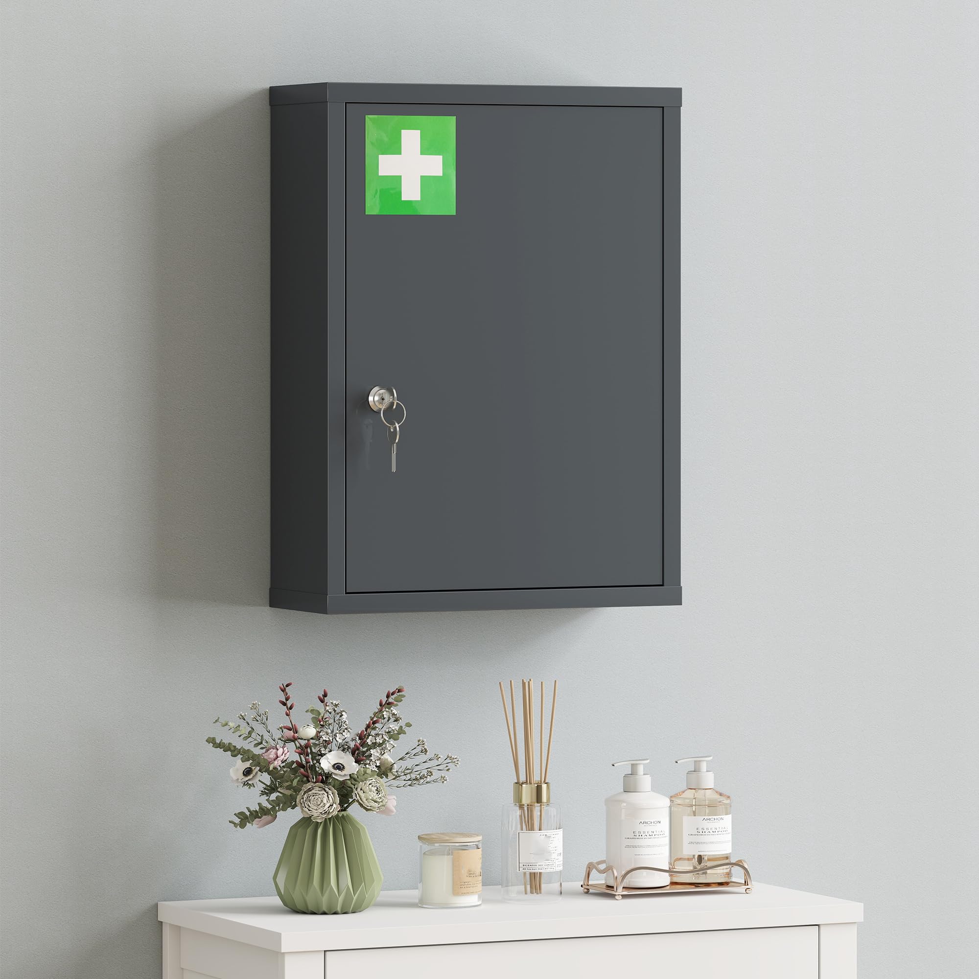 kleankin Armoire Pharma Verrouillable 3 Compart. 40x15x53.5cm Gris Anthr.