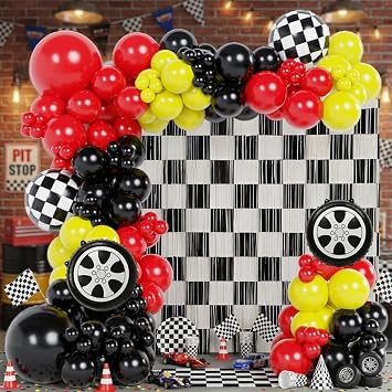 132Pcs Race Car Balloon Arch Garland Kit With Red Black Yellow Checkered Wheel Balloons Checkered Fringe Curtain for Monster Truck Garland, Boy Birthday Decor, Lightning Car Party Backdrop