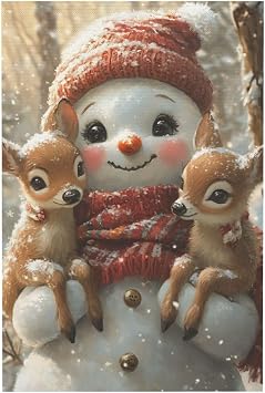 CSWMZQZY Snowman Deer Wall Art,Cute Christmas Canvas Artwork,Winter Snow Scene Farmhouse Decor,Xmas Large Winter Canvas Poster,Living Room Home Decoration Prints Gifts Unframed 24x36inch