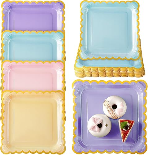 Paquete de 200 platos de papel pastel de 9 pulgadas, platos cuadrados desechables con platos de postre dorados festoneados arcoíris pastel para