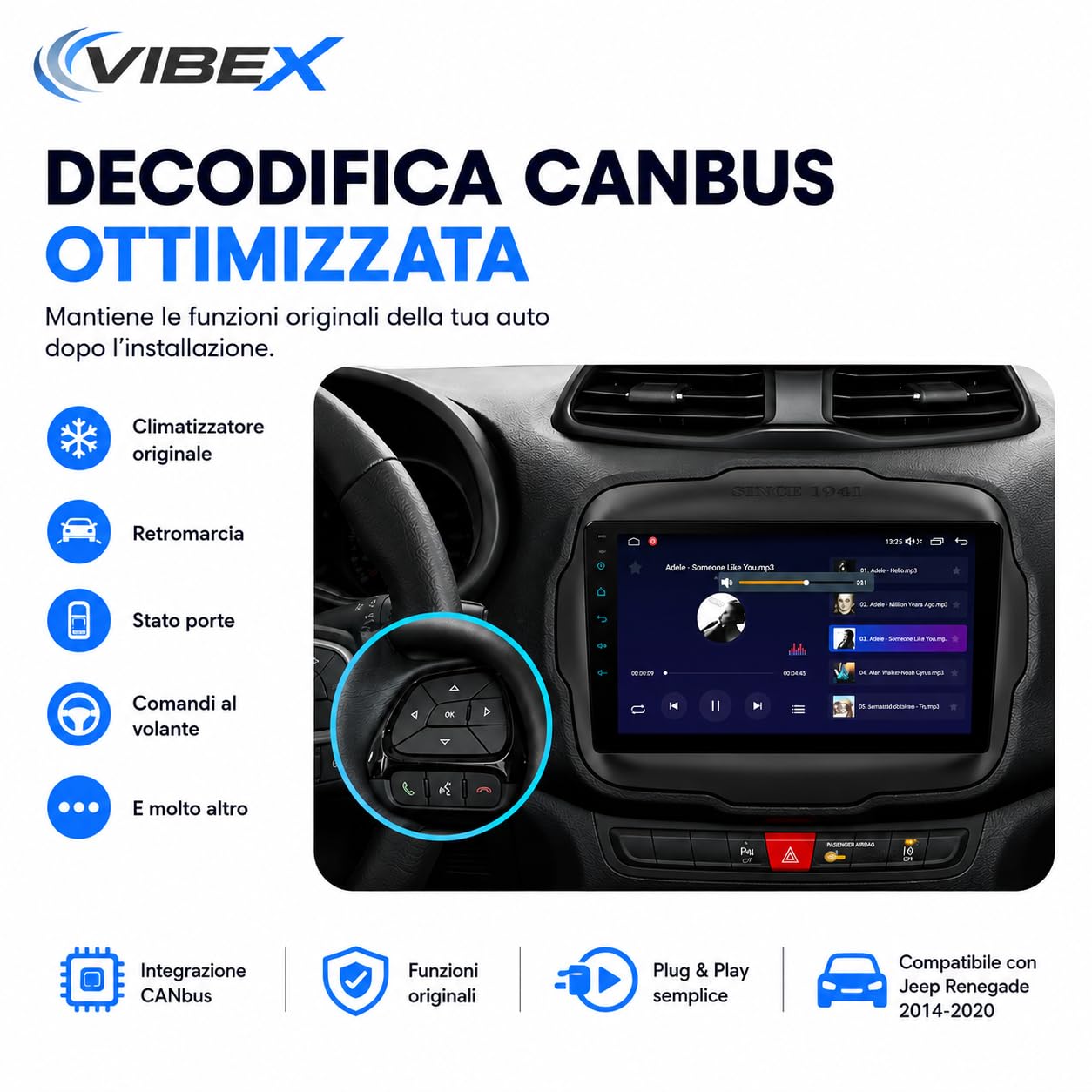 VIBEX Autoradio 9" Android per Jeep Renegade 2014 2015 2016 2017 2018 2019 2020, Wireless Apple CarPlay Android Auto, Navigazione GPS, Bluetooth, WiFi, Schermo Touchscreen, Supporto Retrocamera