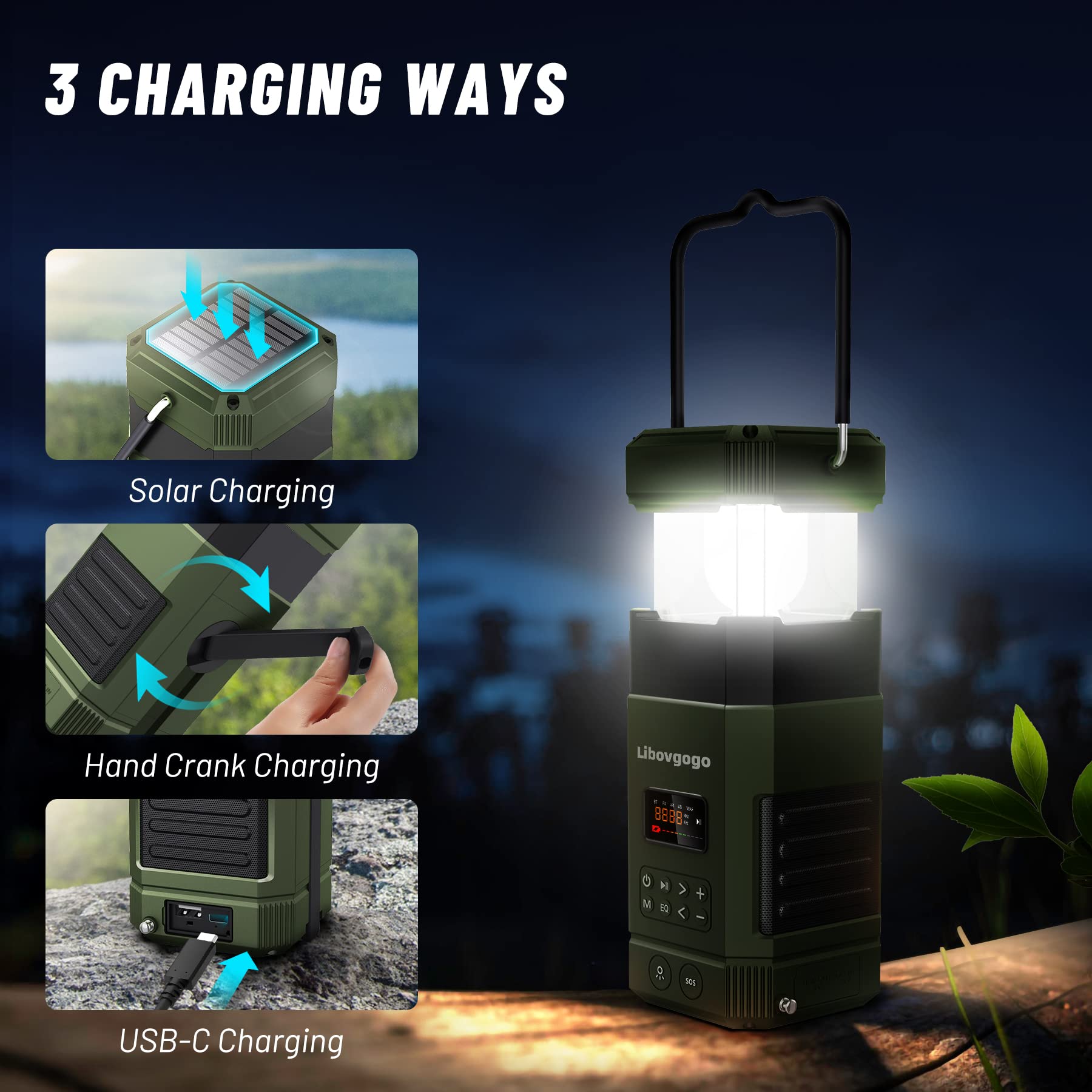 Wiederaufladbare LED Campinglampe, 3 Lichtmodi, IP65 wasserdichter Bluetooth Lautsprecher, 5000mah AM UKW Kurbelradio mit Handyladefunktion Solar, Taschenlampe, Stroboskoplicht, SOS Alarm