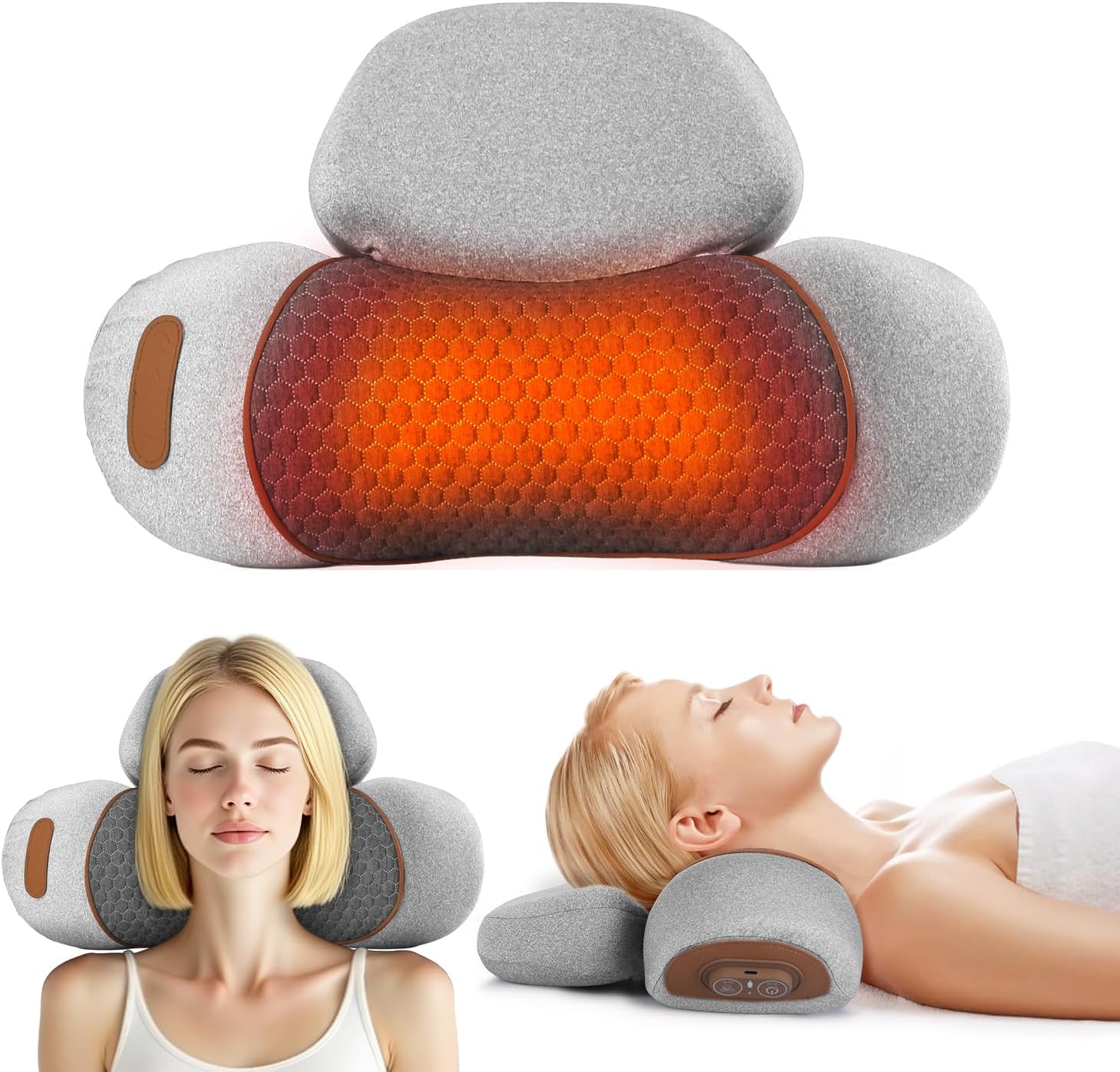Pillow Massage Neck Hump, 3 In 1 Neck Massager Pillow With Vibration Heating, Memory Foam Ergonomic Traction Cervical Massager with Storage Bag & Eye Mask for Neck&Shoulder Pain Relief (LightGrey)