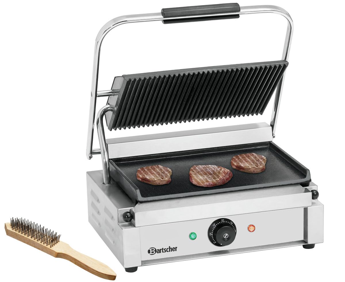 Bartscher Kontaktgrill Panini 1GR – Oberplatte gerillt, Unterplatte glatt – Gusseisen emailliert – Edelstahl – 230 V – für Gastronomie