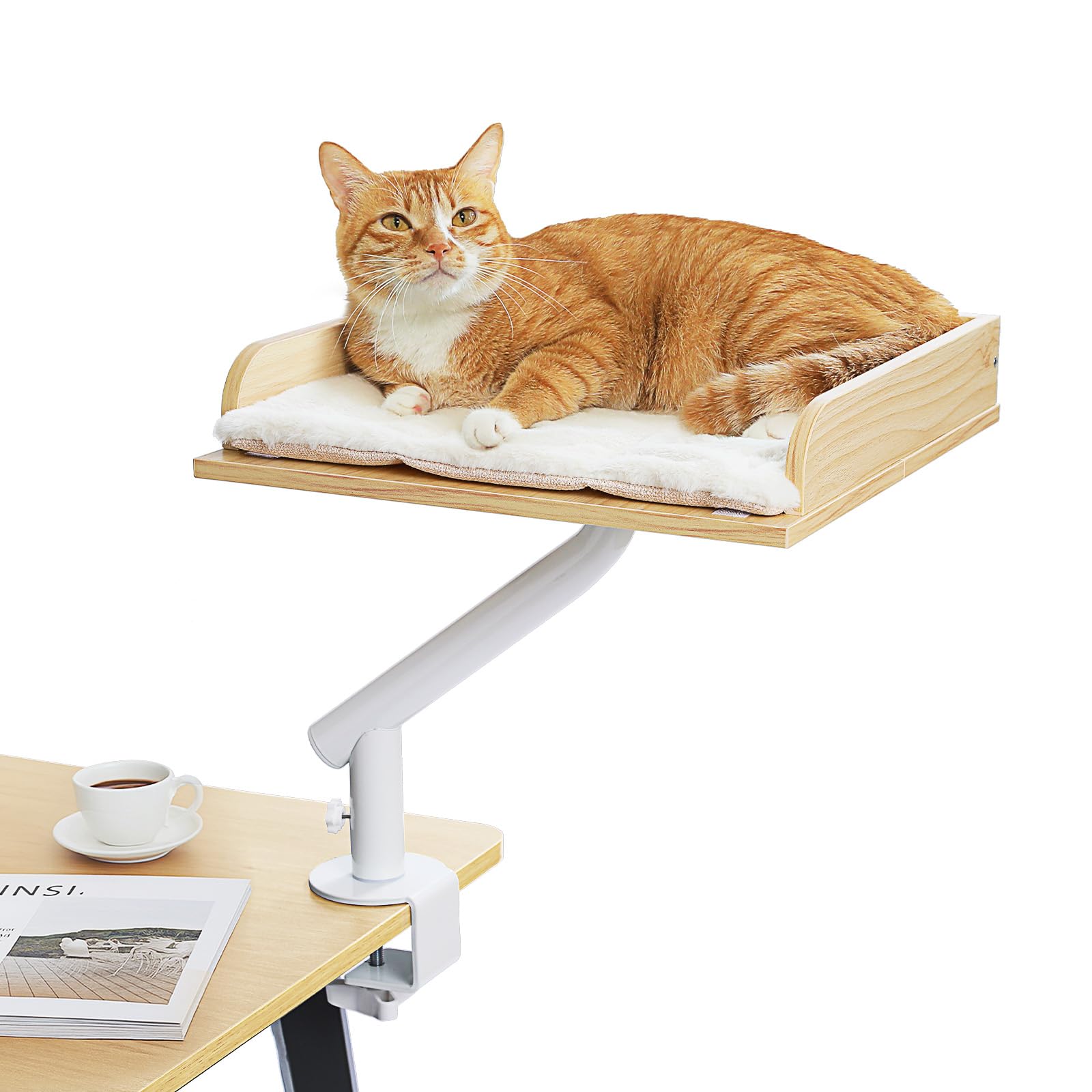PAWZ Road Kattenbed voor Bureau, Houten Kattenbed voor Binnen, Kattenmand, 360° Draaibaar & In Hoogte Verstelbaar, Kattenhangmat voor Krabben, ondersteunt tot 23 kg, beige