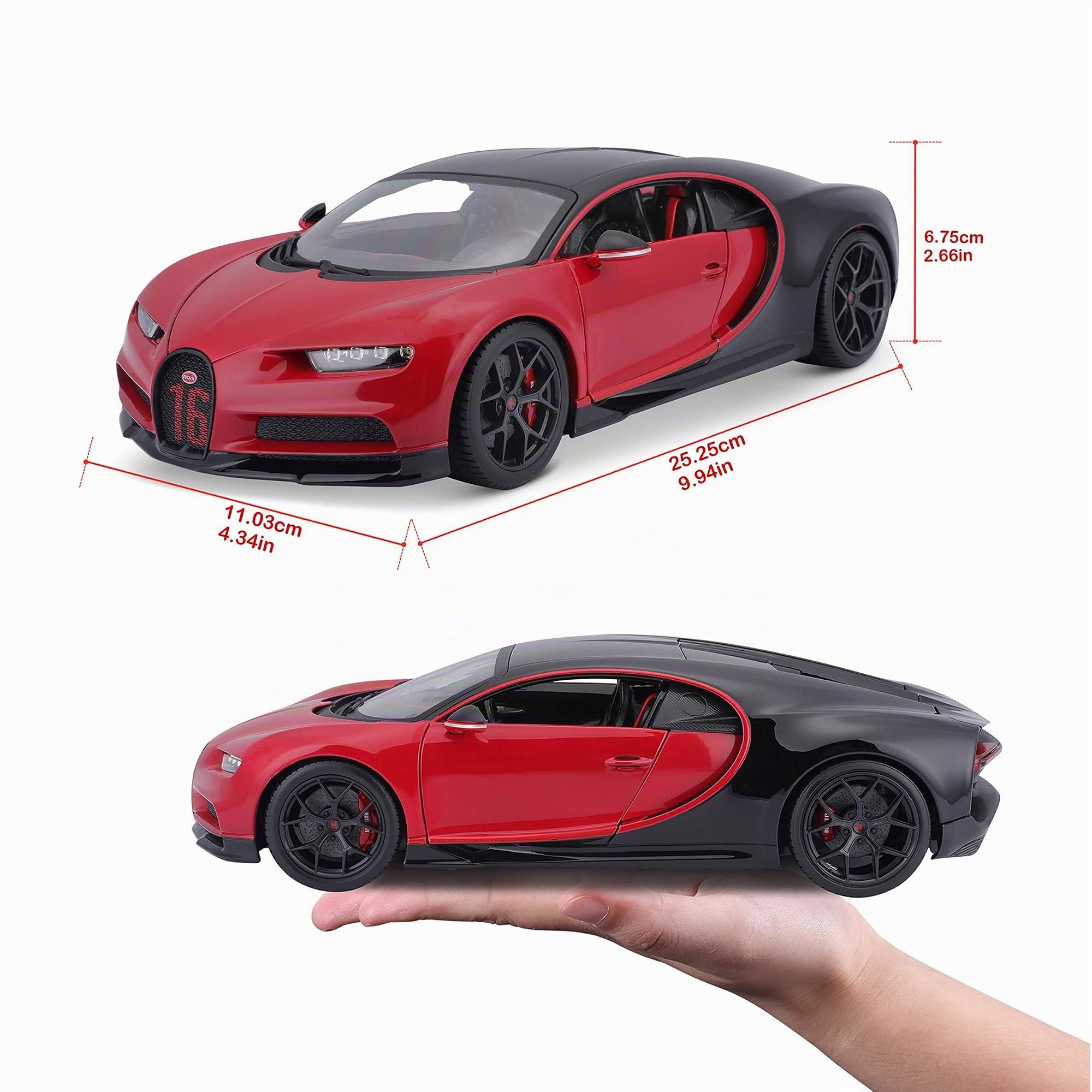Bburago Bugatti Chiron Sport: Modellauto im Maßstab 1:18, Türen und Motorhaube zum Öffnen, lenkbar, 26 cm, schwarz/rot (18-11044R)