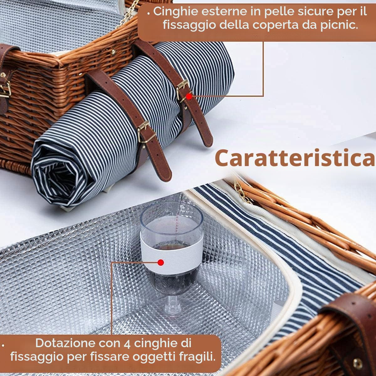 Cestino da Picnic in Vimini per 4 Persone con Scomparto Frigorifero Isolato e Coperta Impermeabile Kit di Posate per Cesti di Salice, Grandi Cesti da Picnic in Vimini per Campeggio