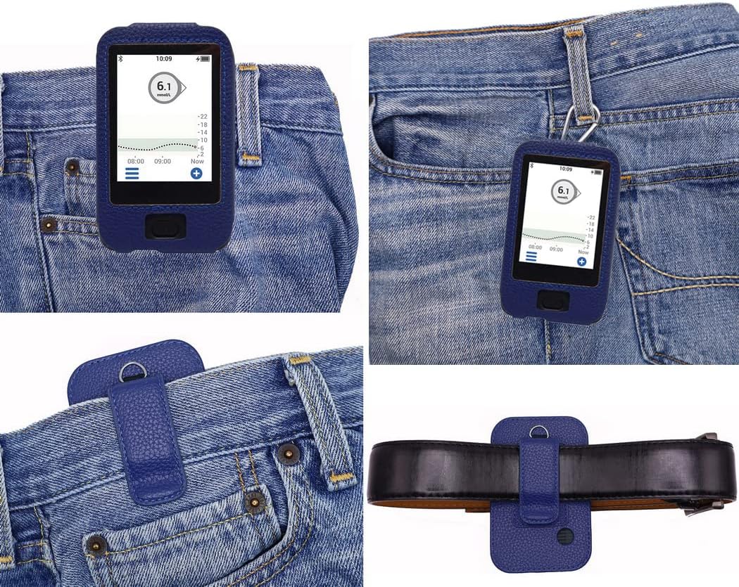 Premium Fitted Leather Case with Screen Protector, Universal Belt Clip & Carabiner for Dexcom G6 Mobile CGM Receiver (Vertical/Blue)