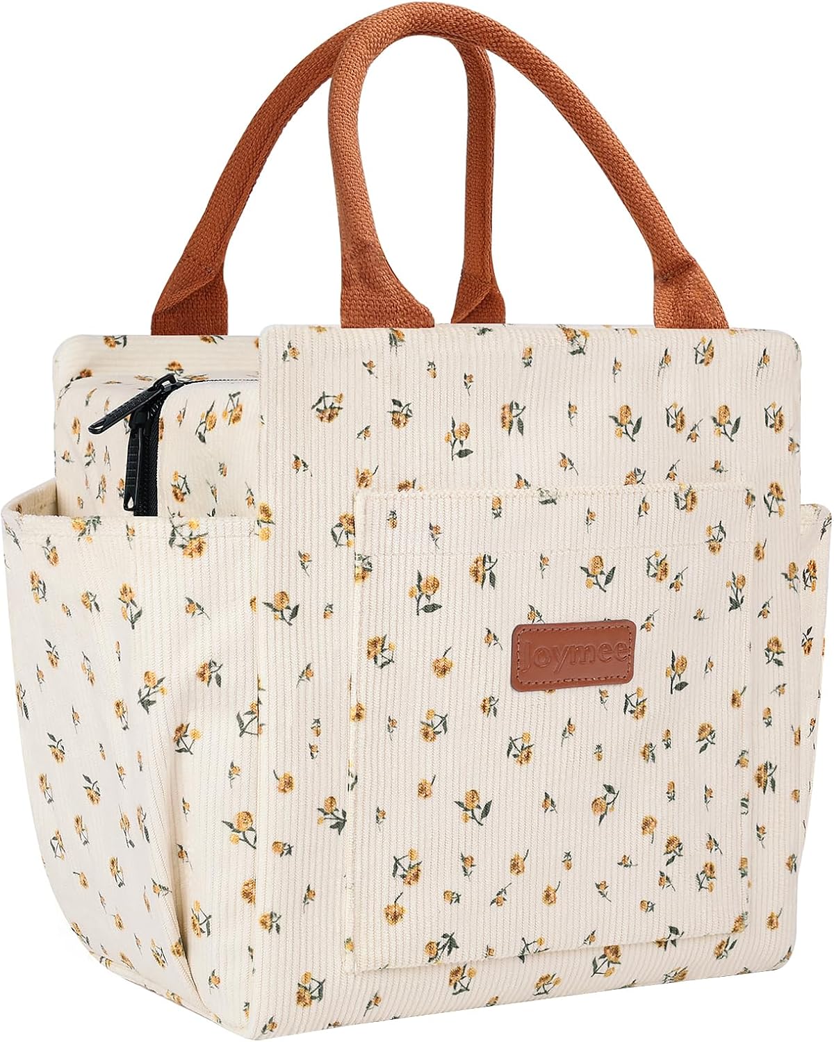 Joymee Lunch Bag Women Insulated Lunch Box Cute Corduroy Reusable Leakproof Large Capacity Lunch Tote Bag for Women Men Adult with Bottle Holder and Side Pockets for Work - Corduroy Yellow-Floral