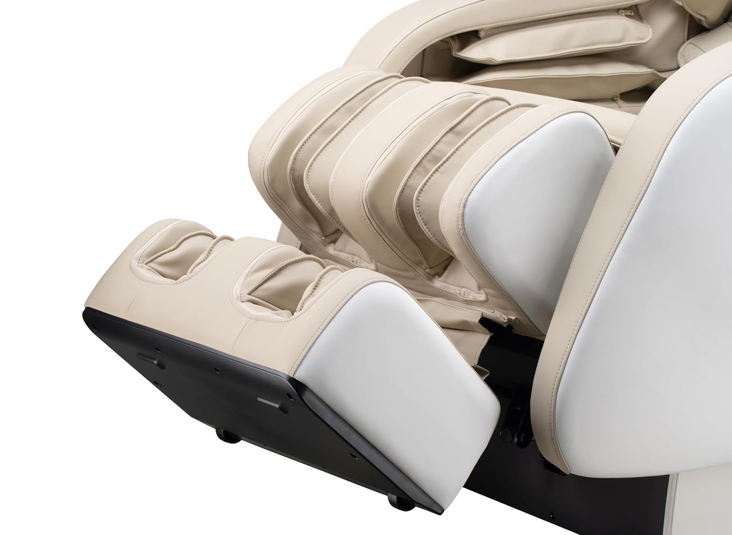 Close-up of the footrest area of the Genesis Designs massage chair, showing the foot rollers and leg extension.