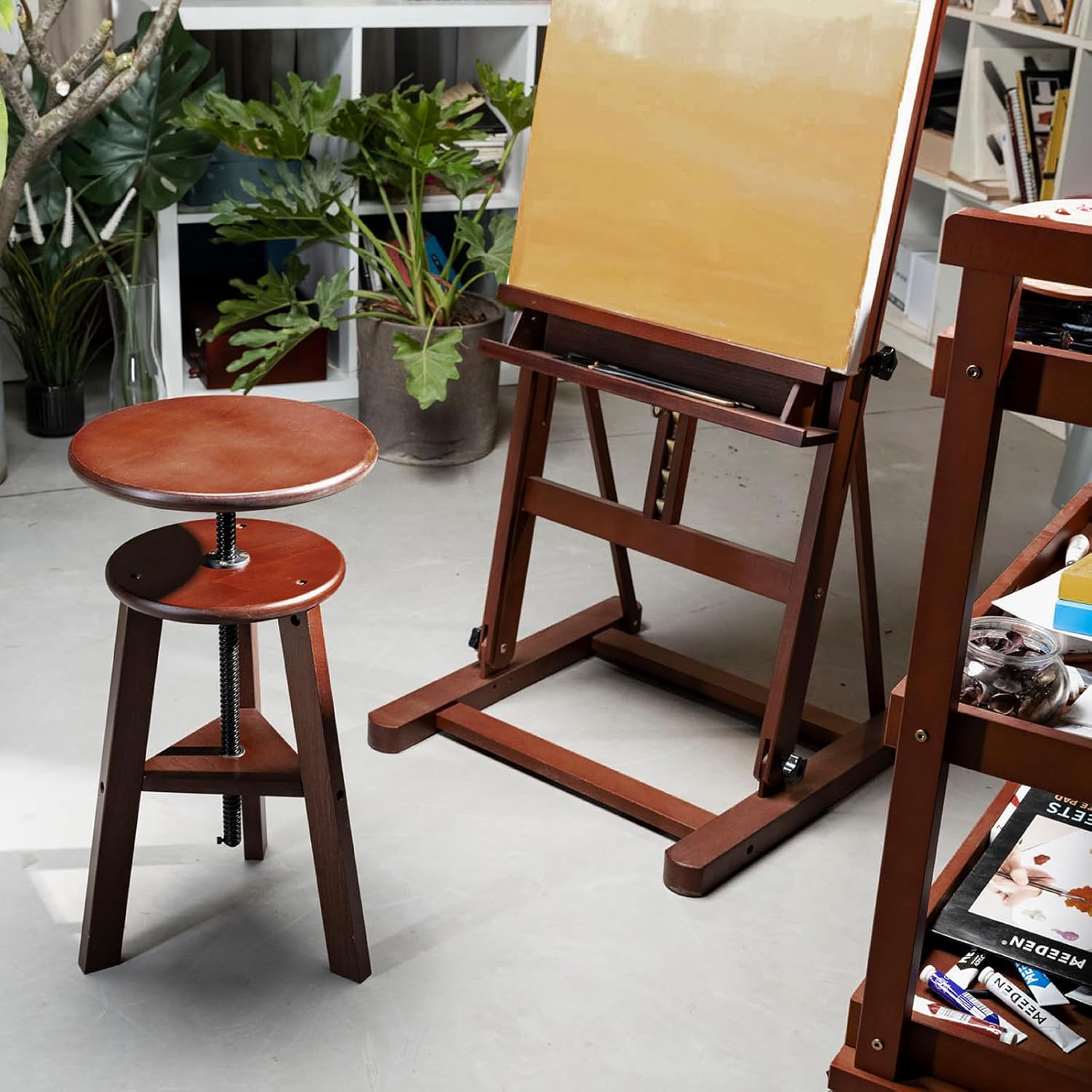 meeden wooden drafting stool with adjustable height, artist stool,office studio stool, up to 220 lbs,german beech wood, perfect for artists studio,home use,kitchen,bars deep walnut
