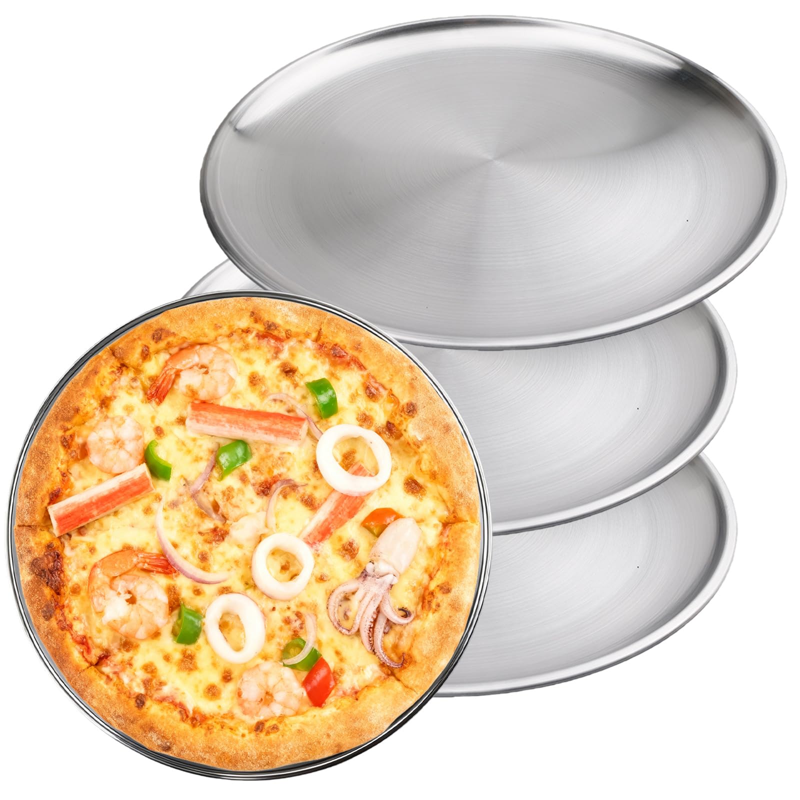 Lot de 4 plaques à pizza en acier inoxydable : 30 cm - Forme ronde - Fabrication de qualité supérieure - Plaque à pizza pour four - Pour hôtel et maison - Passe au lave-vaisselle - Argenté