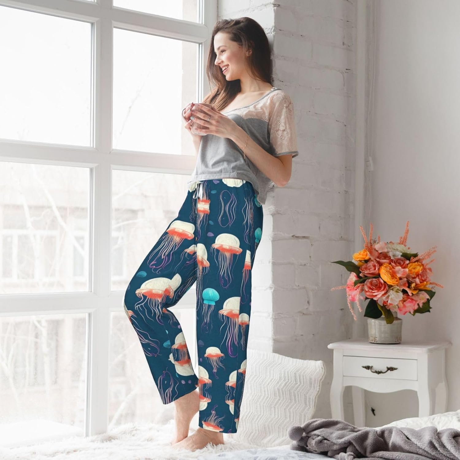 Jellyfish Pattern Print Cozy Flannel Pajama Pants For Women,Warm Christmas Pj Pants,Cute Fleece Pajamas
