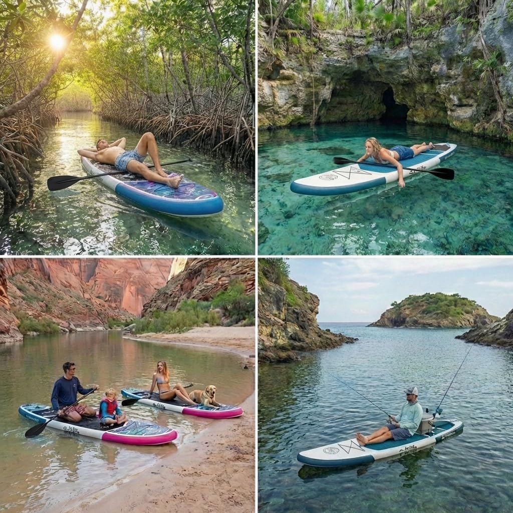 SALT LIFE Inflatable Stand Up Paddle Board – Wide Stable iSUP with Non-Slip EVA Deck, Drop-Stitch Double-Rail Construction, SUP Set: Paddle, Pump, Leash, Fins