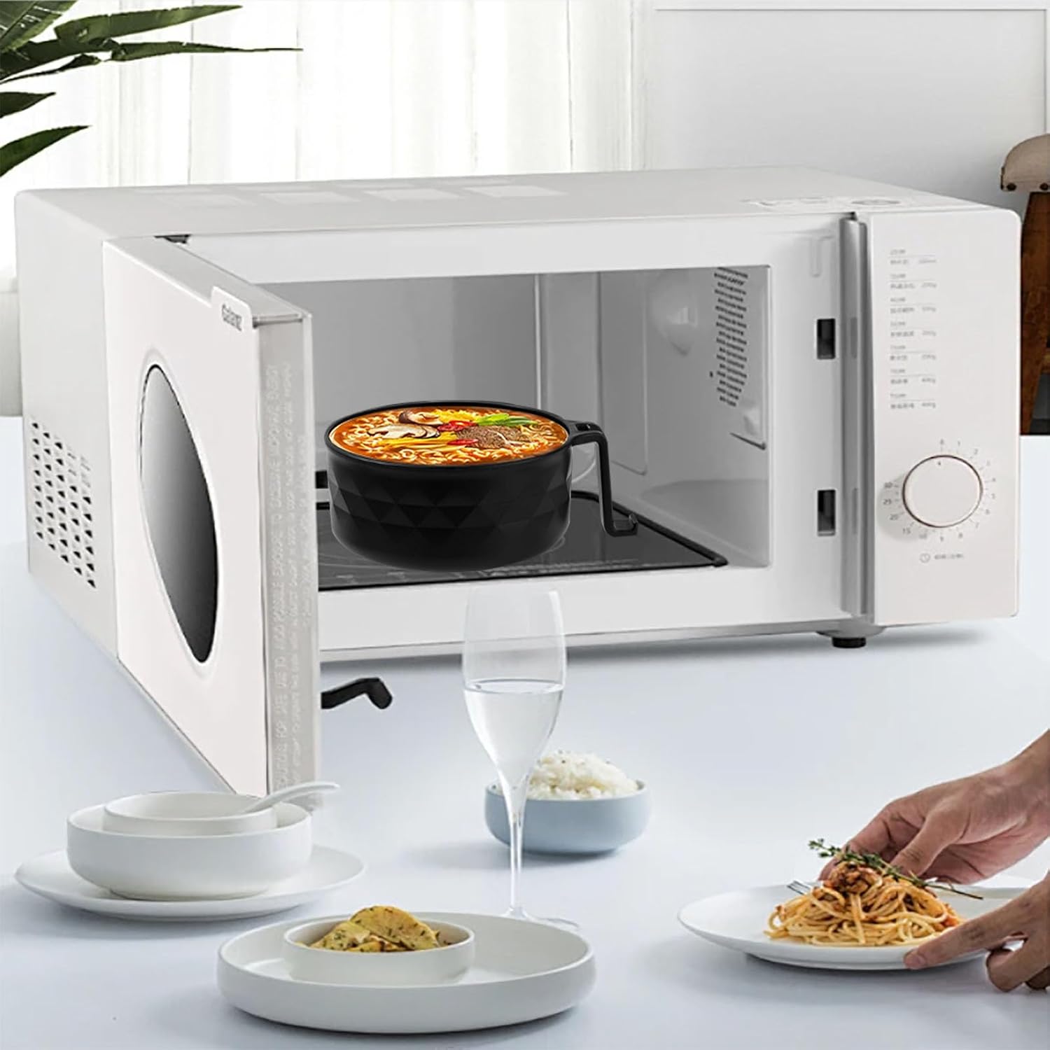 OZY Microwave Ramen Bowl，Ramen Noodle Cooker with Spoon Chopsticks Fork，Ramen Cooker with Handles，College Dorm Room Essentials，BPA-Free (Black) image 4