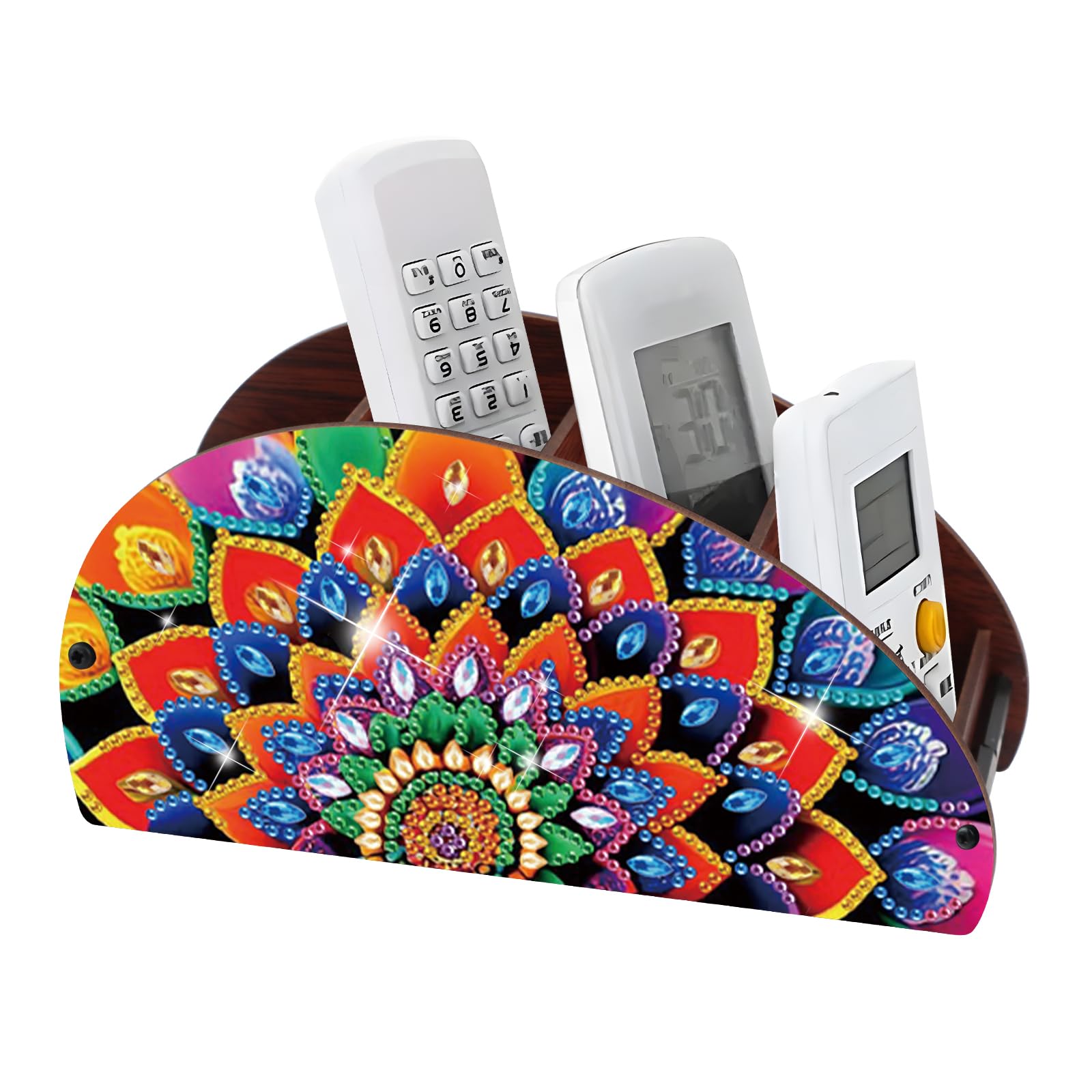 DIY Diamond Painting Storage Box Mandala Design 5D Rhinestone Diamond Art Case Multi-Compartment Wooden Desktop Organizer for TV AC Remotes Makeup Brushes Pens Holder Tabletop Craft Storage