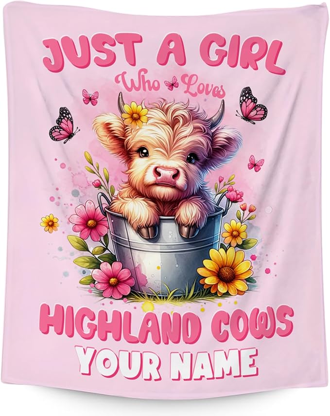 Custom Highland Cow Throw Blanket, Cozy Soft Throw Gifts for Girls, Cute Pink Flannel Throw Blankets for Couch Office, 40x50 Inches