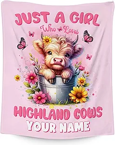 Custom Highland Cow Throw Blanket, Cozy Soft Throw Gifts for Girls, Cute Pink Flannel Throw Blankets for Couch Office, 40x50 Inches