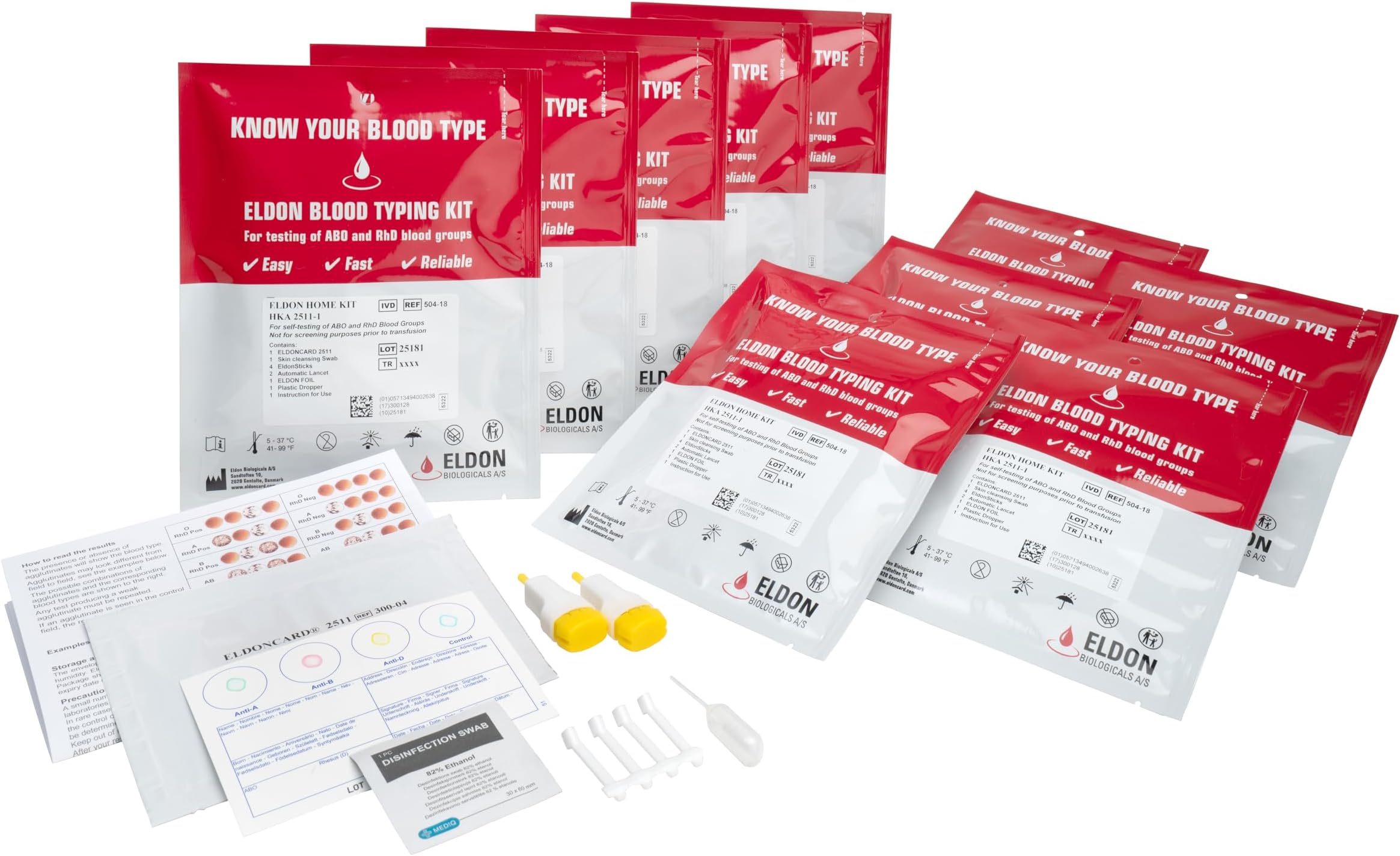 Eldoncard Blood Typing Kit, 10 Test Pack, Rapid Blood Typing Kit, Know Your Blood Type, Accurate Home Blood Type Test Kit, Determine A, O, B, RHS-D Negative & Positive Groups, Home Health Tests