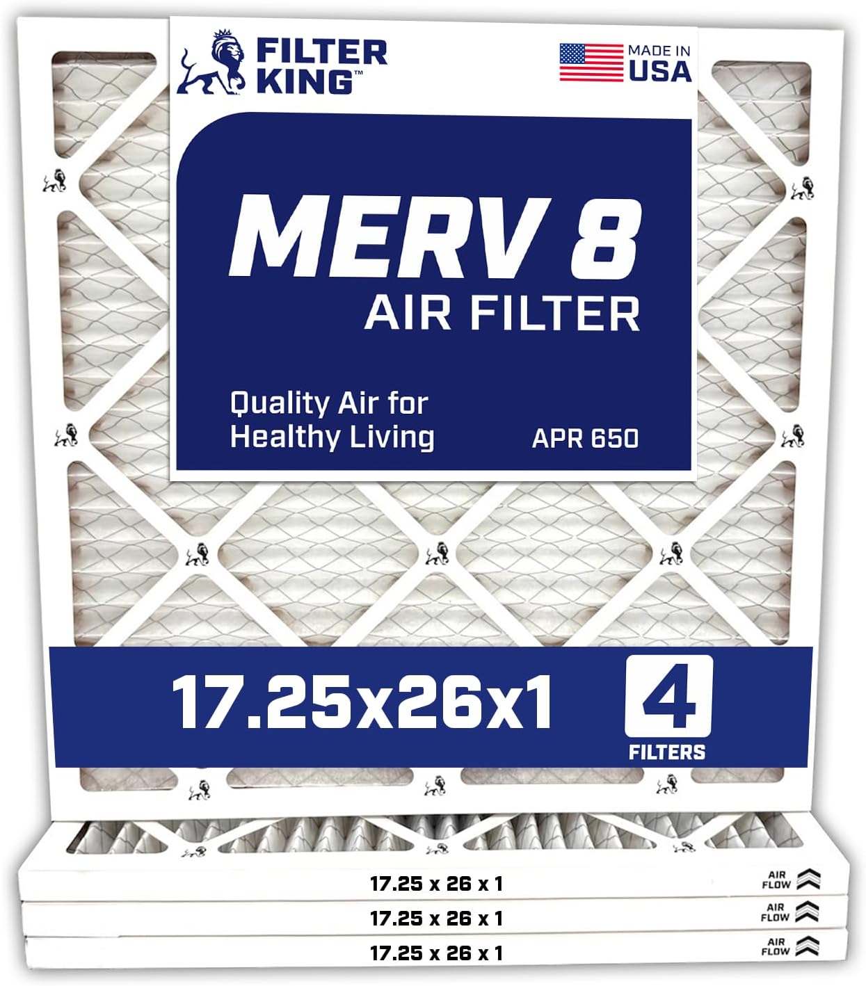 Filter King 17.25x26x1 Air Filter | 4-PACK | MERV 8 HVAC Pleated A/C Furnace Filters | MADE IN USA | Actual Size: 17.25 x 26 x .75"
