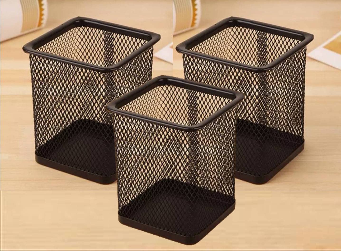 Bliss Metal Mesh Desk Organizer, Pen Stand, Pencil Holder, Stationery Storage Stand For Office Table, Study Table, Desk, Makeup Brushes, Office Accesories, Home Stationery (Black) (Square – Pack Of 3)