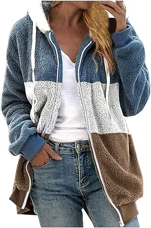Fuzzy Fleece Jackets for Women Plus Size Hoodies Fall Winter Coats Color Block Patchwork Cardigan Coat with Pockets