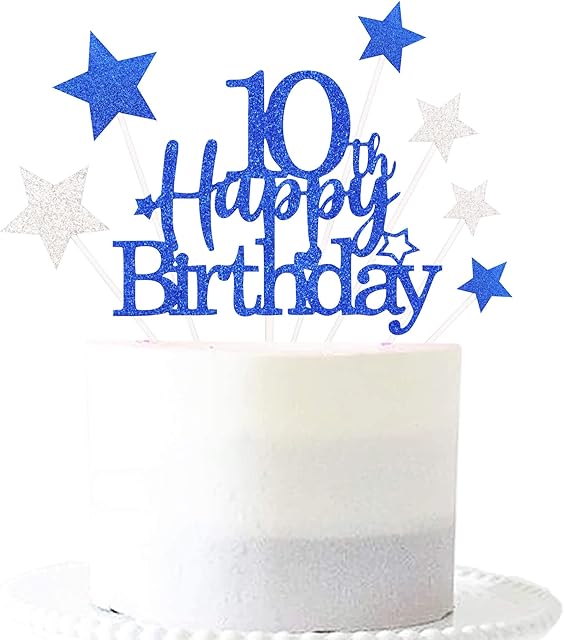 Glittery Royal Blue 10th Cake Topper with Star Boys and Girls 10th Birthday Party Supplies, Ten Years Old Birthday Party Decorations