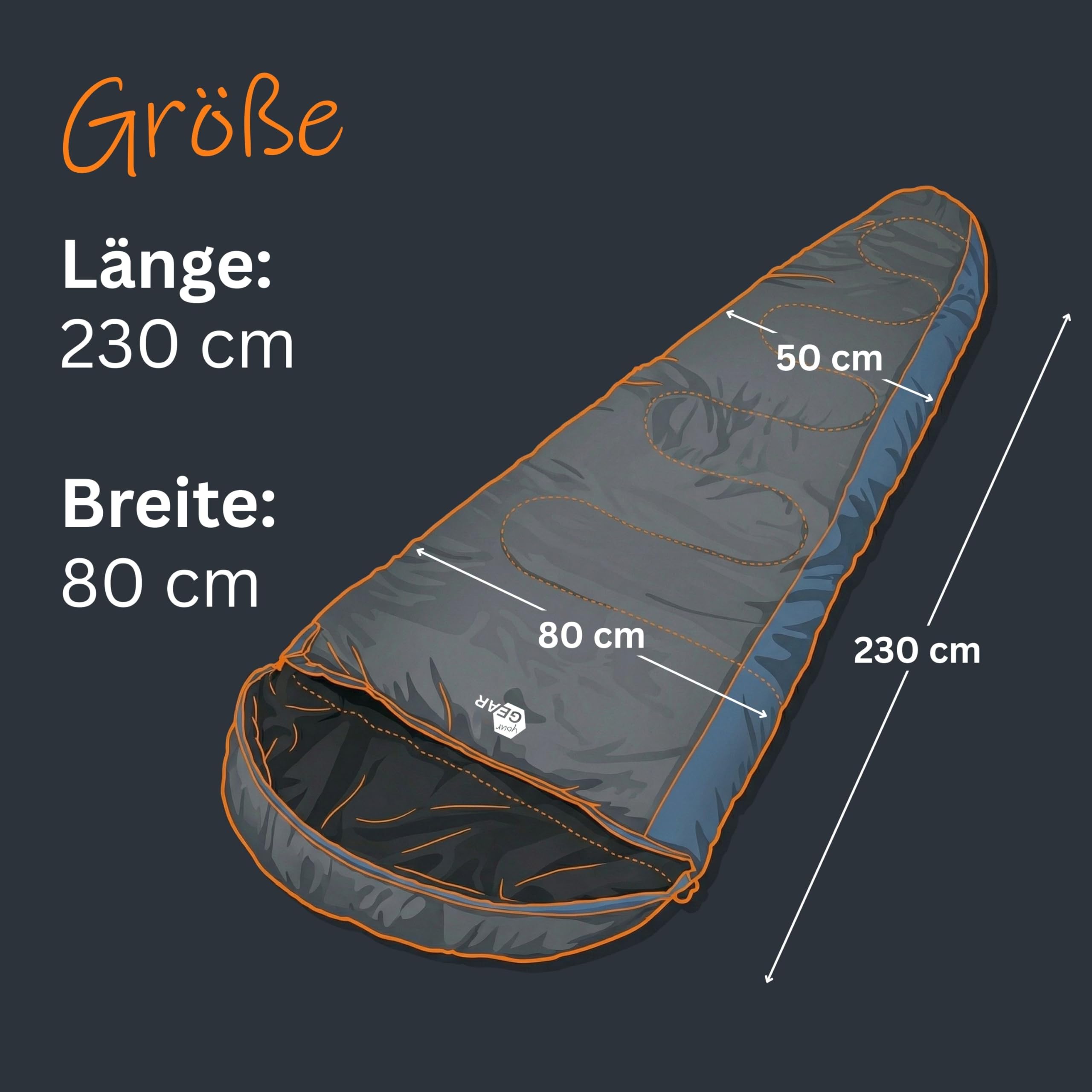 yourGEAR Saco de Dormir Sirocco -18°C Confortable Saco de Dormir para Momias 230x80 cm 3-4 Estaciones Azul Gris Extra