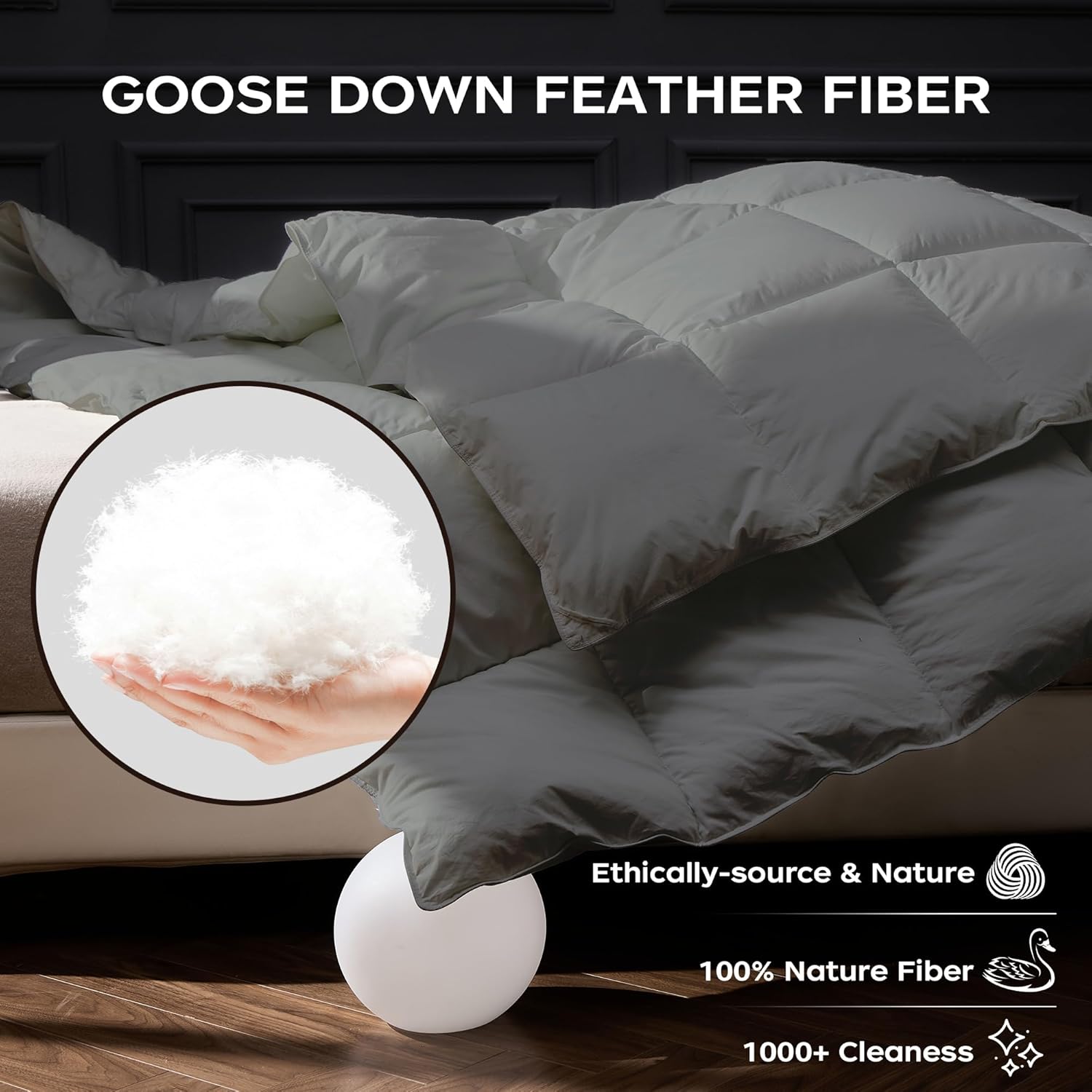 puredown® Goose Feather Down Fiber Comforter King Size, Lightweight Cotton Duvet Insert Medium Warmth, Cloud Soft Hotel Luxury Collection Bedding Comforters Grey 106"x90"