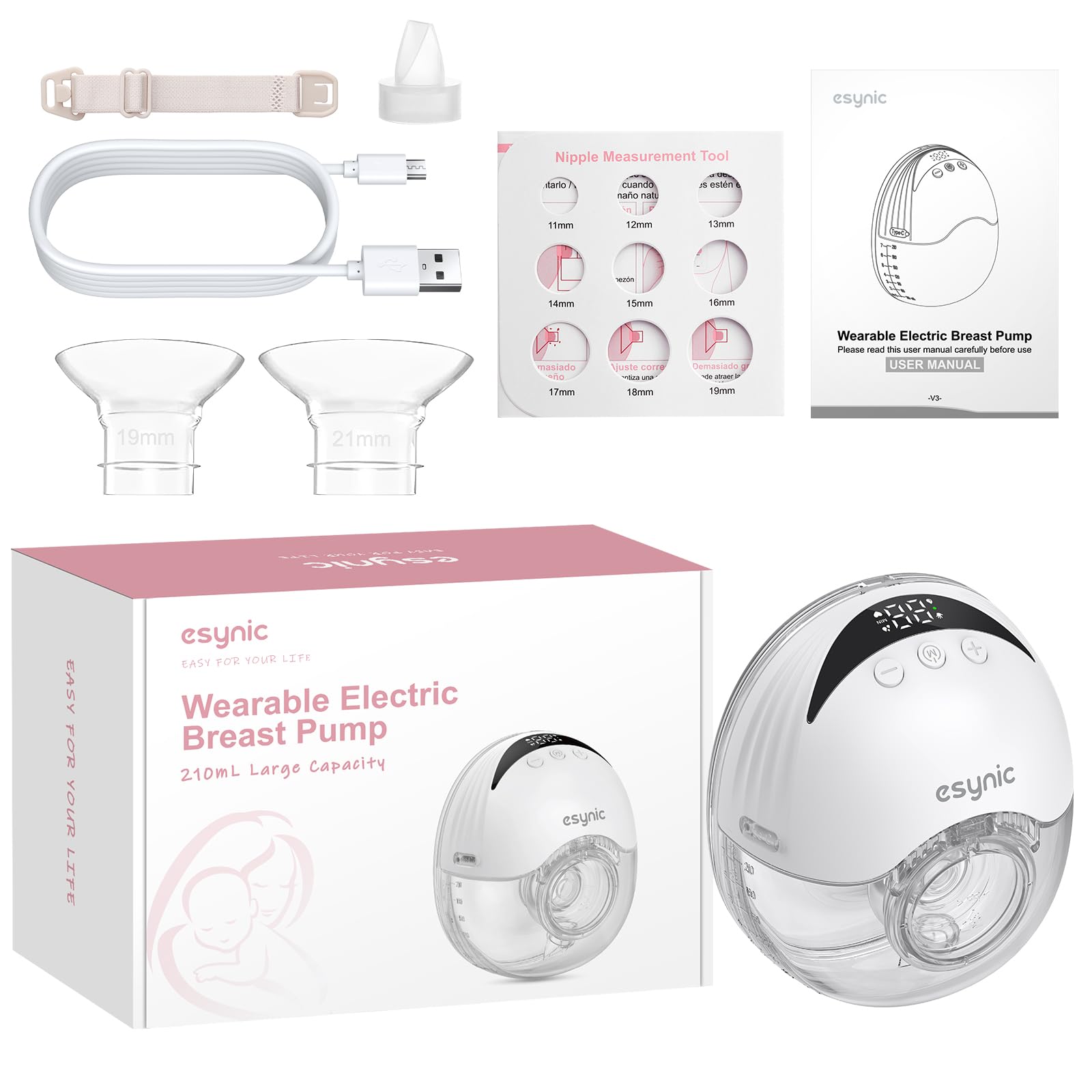 eSynic Sacaleches Eléctrico Manos Libres con 4 Modos y 12 Niveles Extractor de Leche Materna de 210ml Menos Ruido con Bridas de 24/21/19 mm a Prueba de Fugas Extractor de Leche Inalámbrico Sin BPA