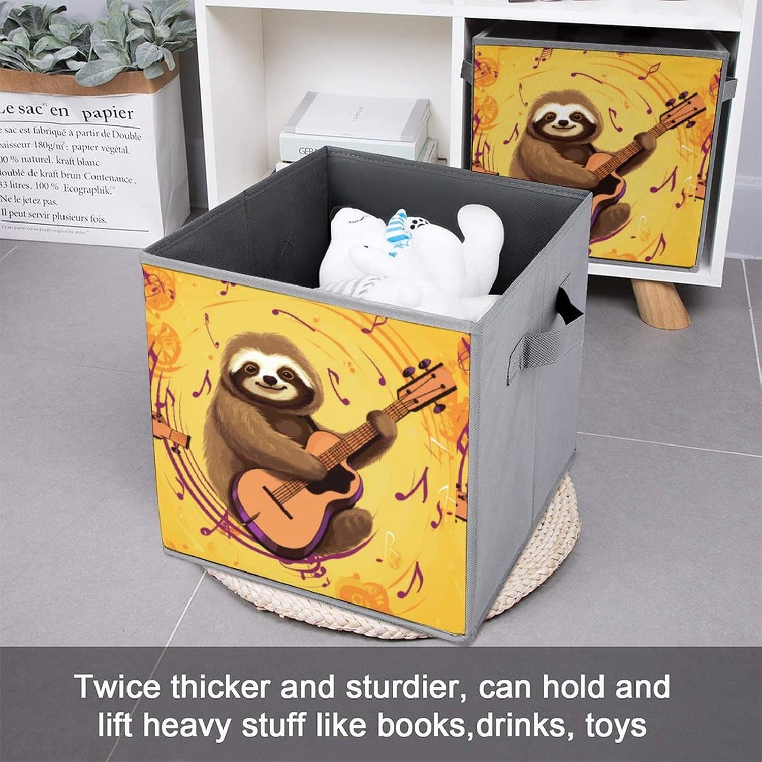 Music And Sloth on Yellow Background Storage Cubes Set of 6 Storage Bins with Handles Collapsible Storage Basket Fabric Storage Box for Shelves Large Closet Shelf Organizer for Organization 11 Inch
