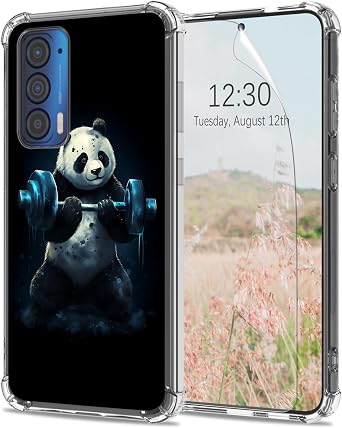 for Motorola Edge-5G UW 2021 Clear Case for Moto Edge 2021 with Screen Protector 6.8" [Drop Protection] Art Panda Exercise Design Slim Soft TPU Transparent [Anti-Scratch] [Non-Yellowing] Phone Cover