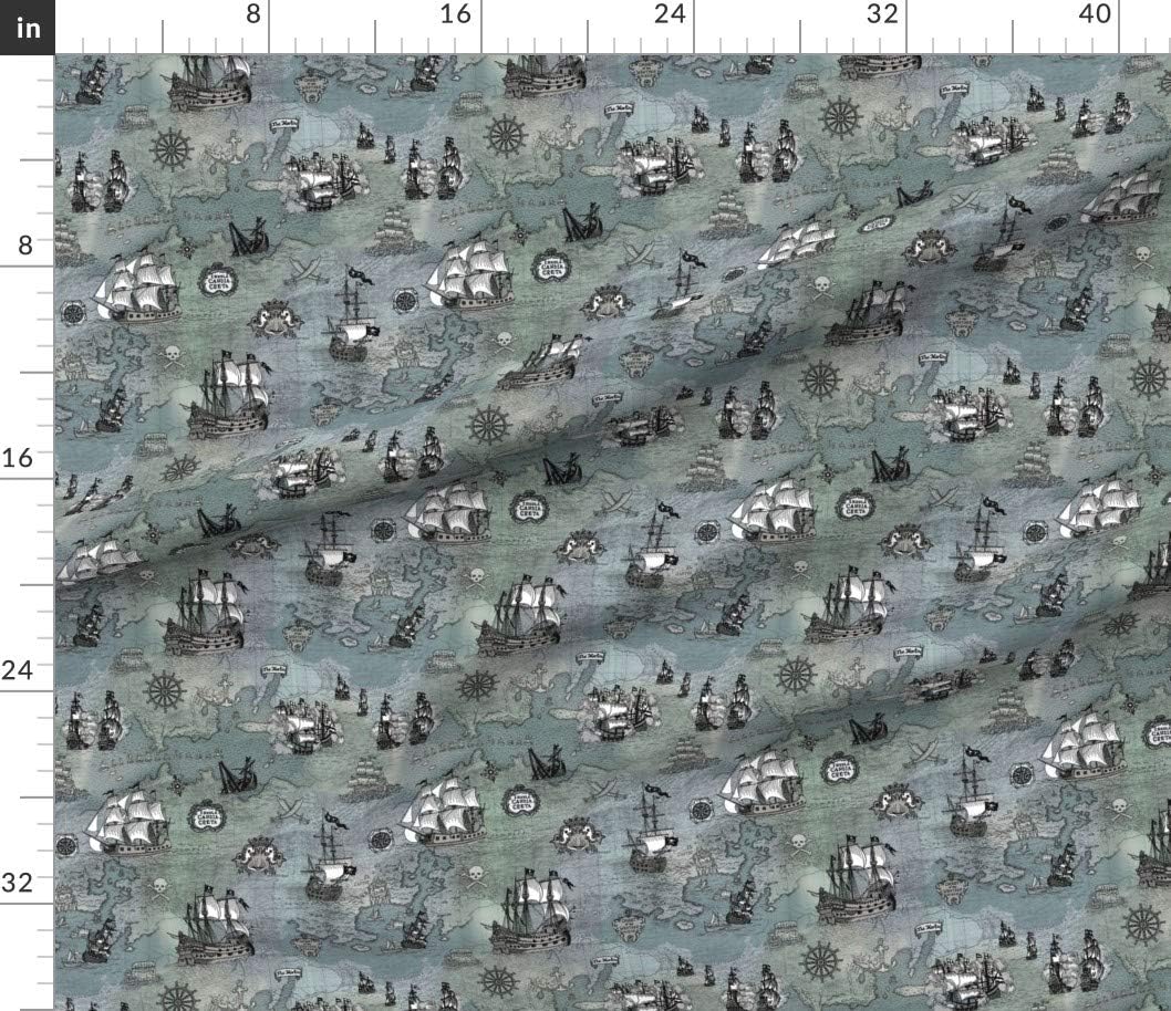 Spoonflower Fabric - Pirate Ships Map Grey Small Sword Storm Antique Historical Gray Printed on Petal Signature Cotton Fabric by The Yard - Sewing Quilting Apparel Crafts Decor