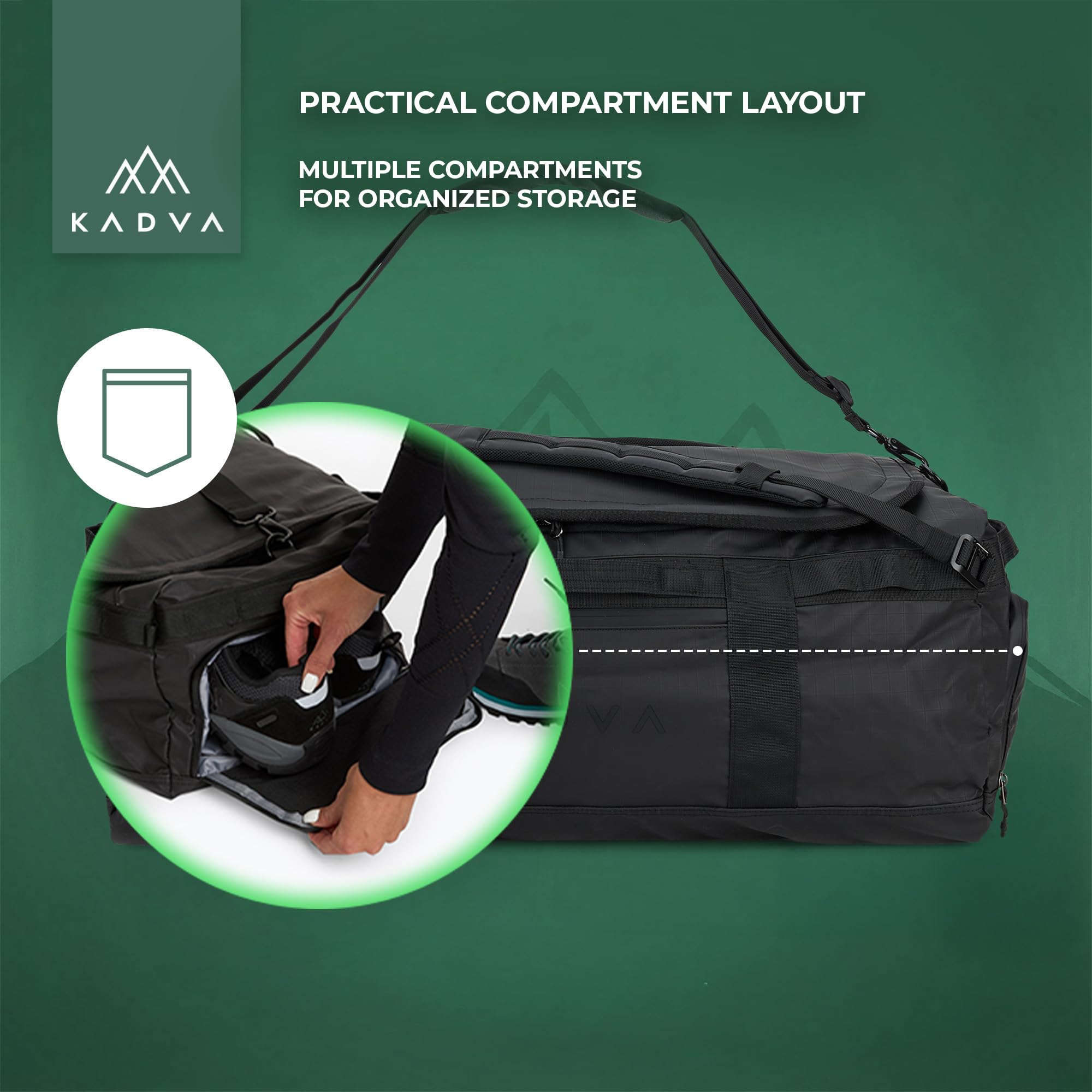 KADVA Alltaker Duffel Bag Sac de Sport et Sac à Dos 2 en 1 (40 l, 60 l, 90 l) – Sac de Voyage étanche avec Compartiment à Chaussures – Bretelles cachées – Grand Sac d'entraînement pour Homme et Femme