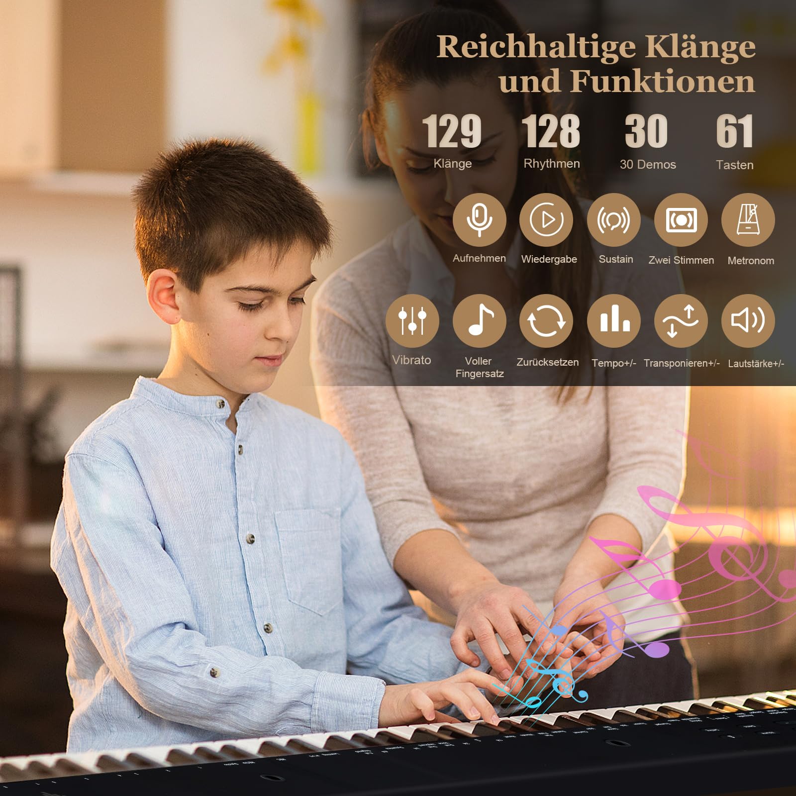 DREAMADE 61 Tasten Keyboard Klavier, Piano Keyboard mit Ständer & Hocker, 61-digitales Klavier-Set mit halbgewichteten Tasten, drahtlose MIDI-Audio-Funktion, Notenständer, Sustain-Pedal, Schwarz