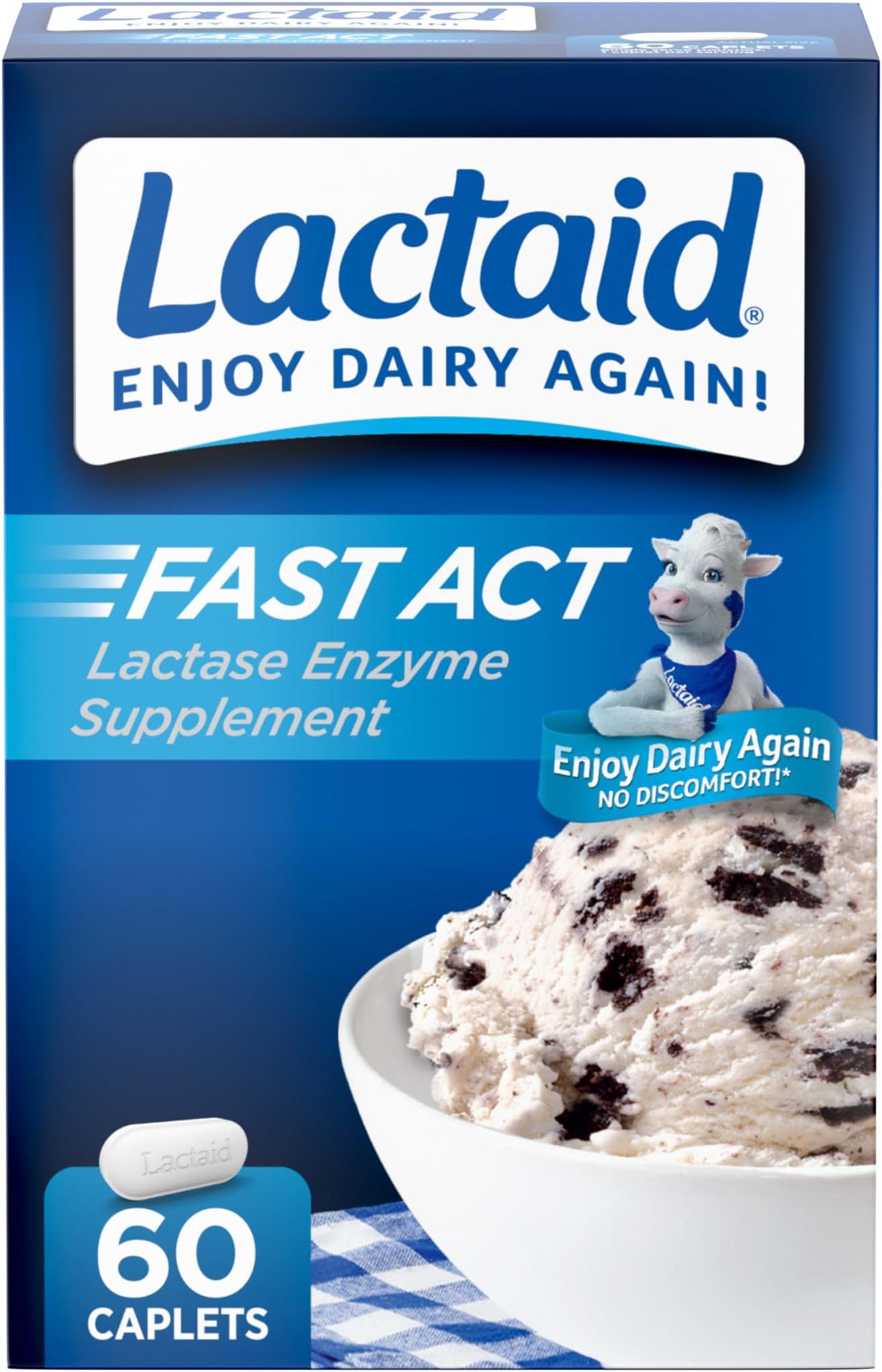 Fast Act Lactose Intolerance Relief Caplets, Lactase Enzyme to Prevent Gas, Bloating & Diarrhea Due to Lactose Sensitivity, Supplements for Travel & On-The-Go, 60 Packs of 1-ct.