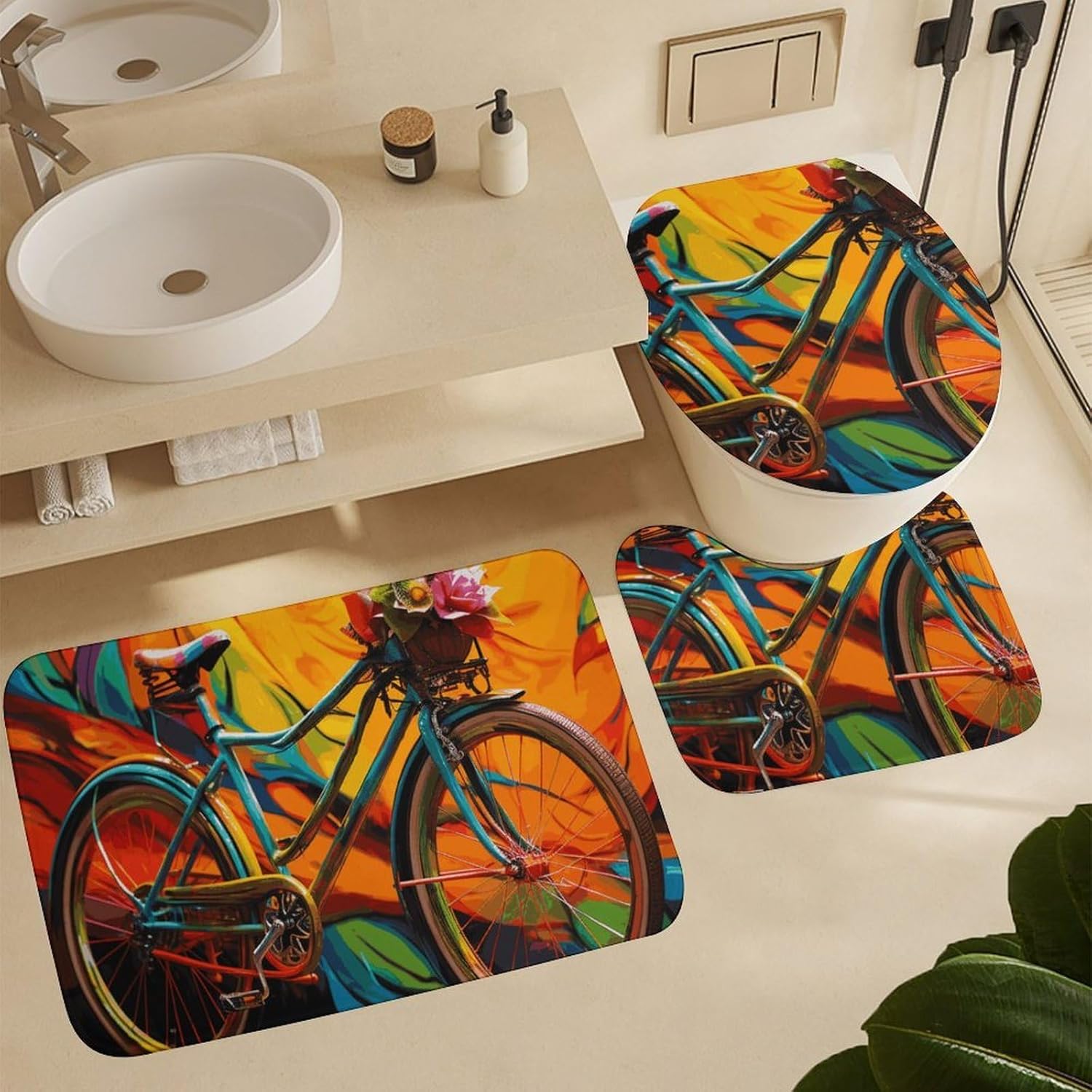 Colorful Bicycle Shower Curtains Set 4 Piece with Non-Slip Rugs, Toilet Lid Cover and Bath Mat Soft Bathroom Carpet Waterproof Bathroom Curtain with 12 Hooks for Bathroom Decor