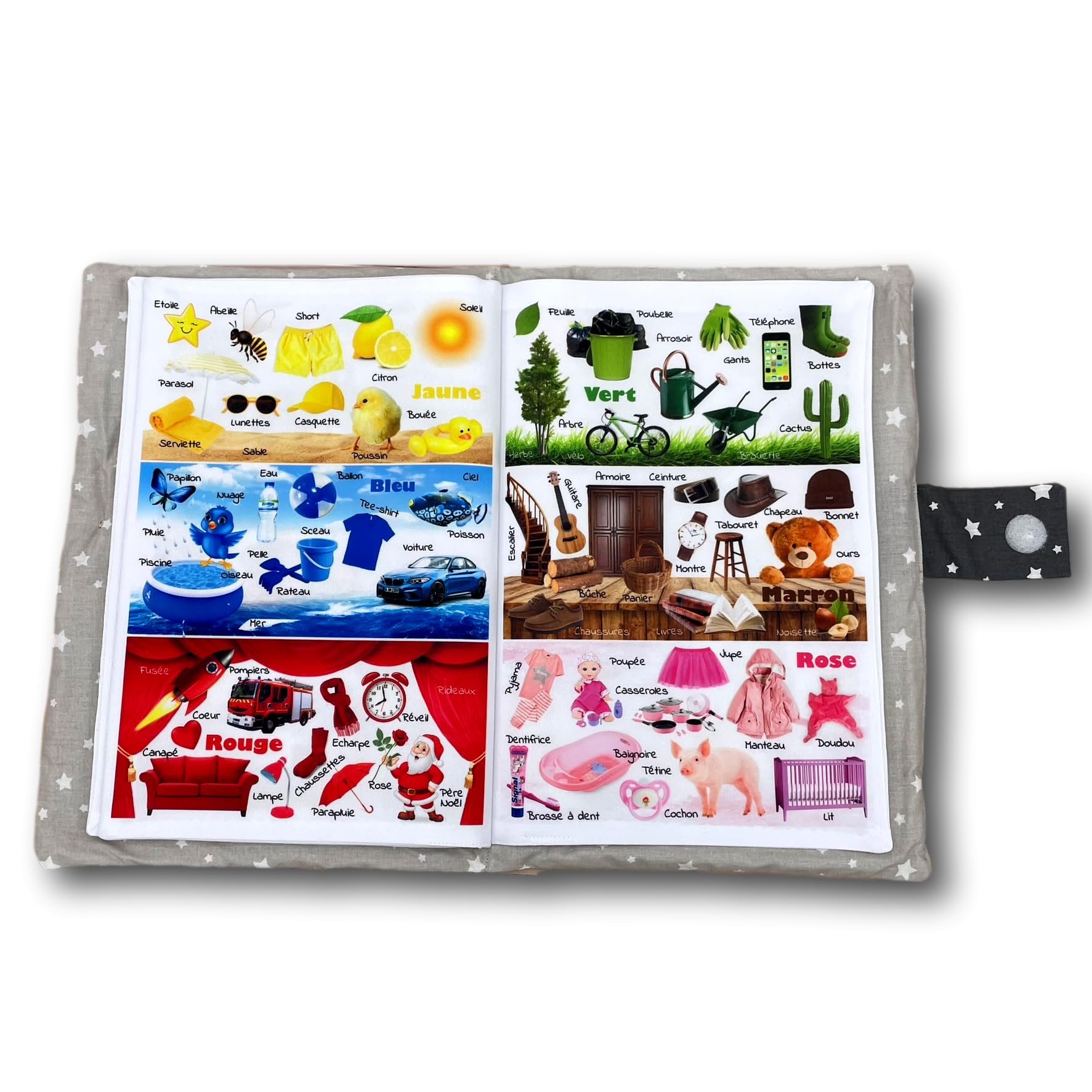 Livre d'éveil éducatif en tissu imagier photo Format A4 couverture étoiles, thèmes animaux, repas, véhicules, couleurs et mots
