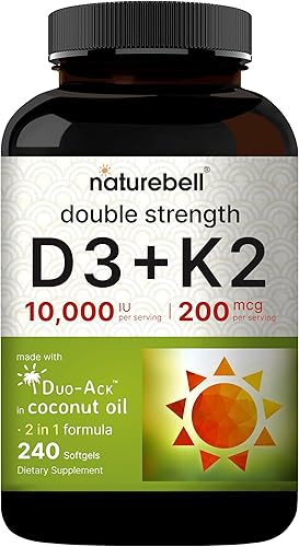 Miniatura 7 de NatureBell Vitamina D3 10,000 UI + K2 200 mcg, 240 cápsulas blandas  Fórmula diaria de alta potencia con aceite de coco  Apoyo óseo, corazón e